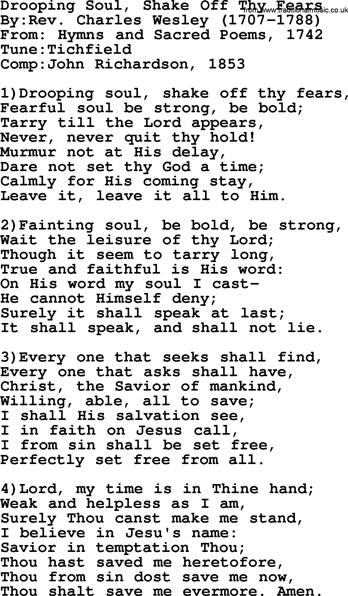 Methodist Hymn: Drooping Soul, Shake Off Thy Fears, lyrics
