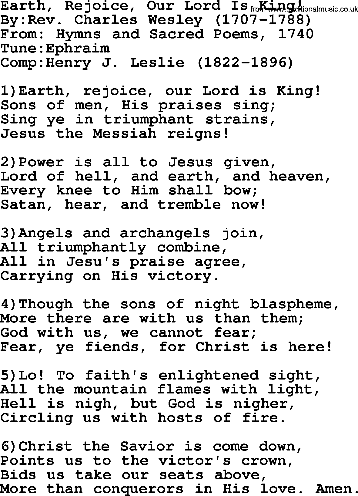 Methodist Hymn: Earth, Rejoice, Our Lord Is King!, lyrics