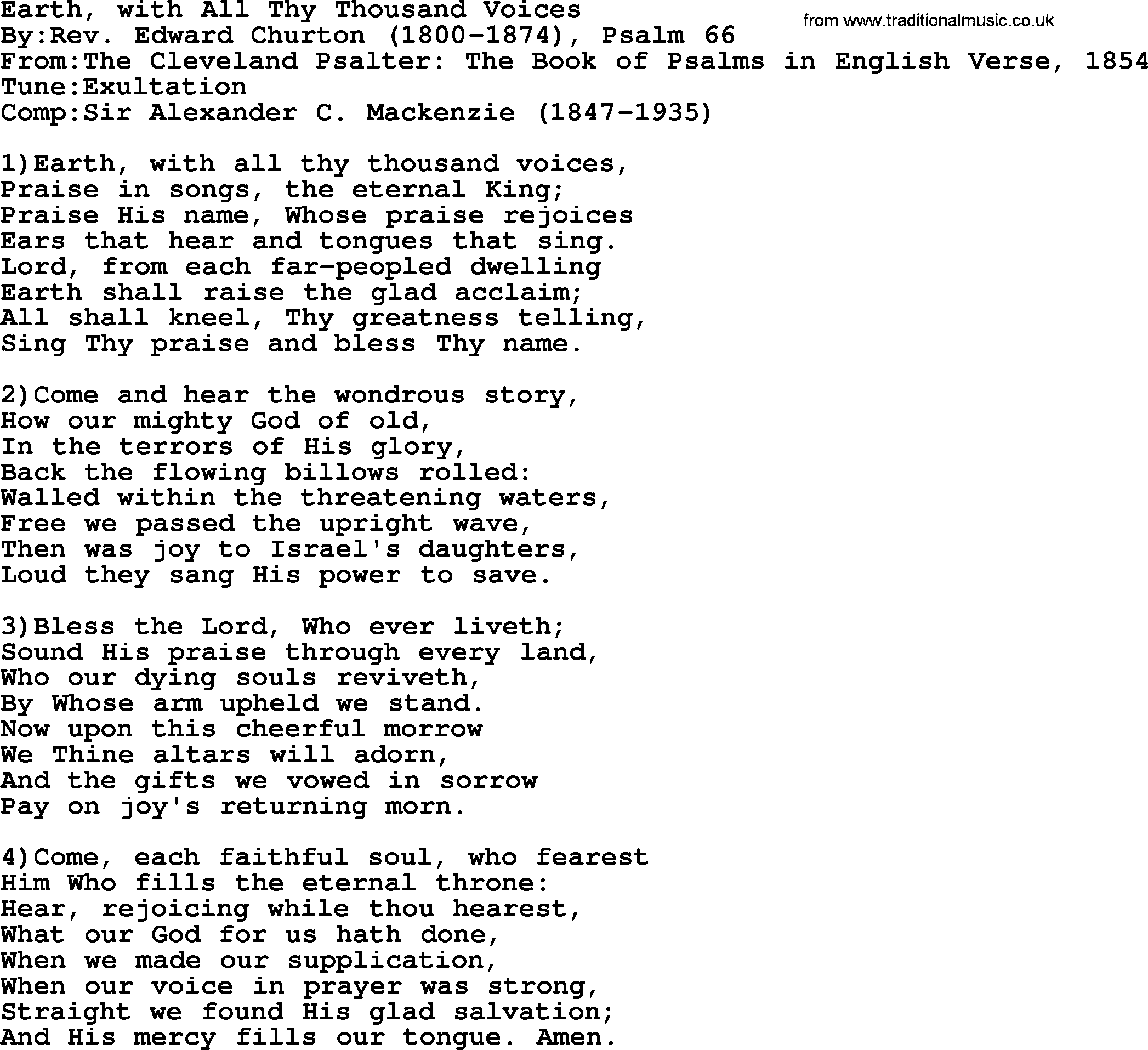 Methodist Hymn: Earth, With All Thy Thousand Voices, lyrics