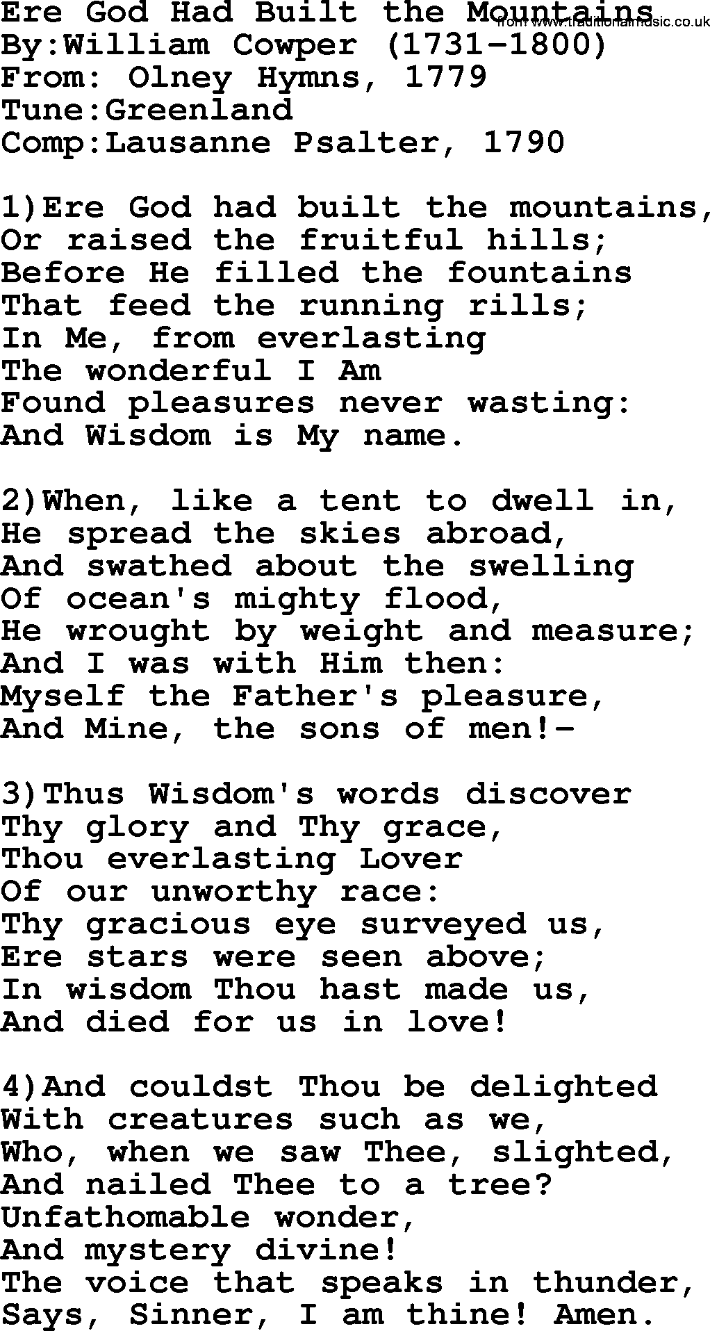 Methodist Hymn: Ere God Had Built The Mountains, lyrics