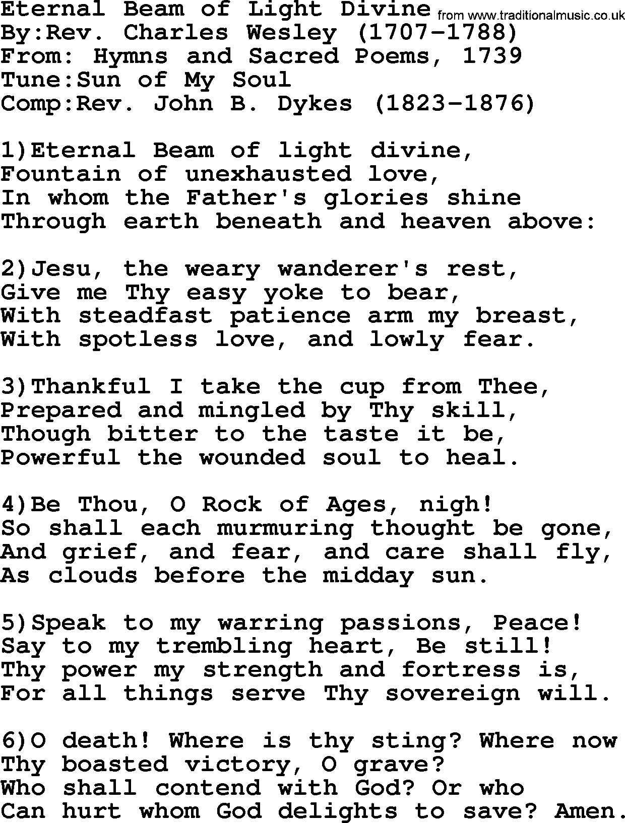 Methodist Hymn: Eternal Beam Of Light Divine, lyrics