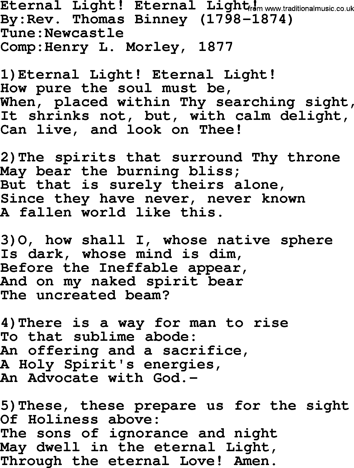 Methodist Hymn: Eternal Light! Eternal Light!, lyrics