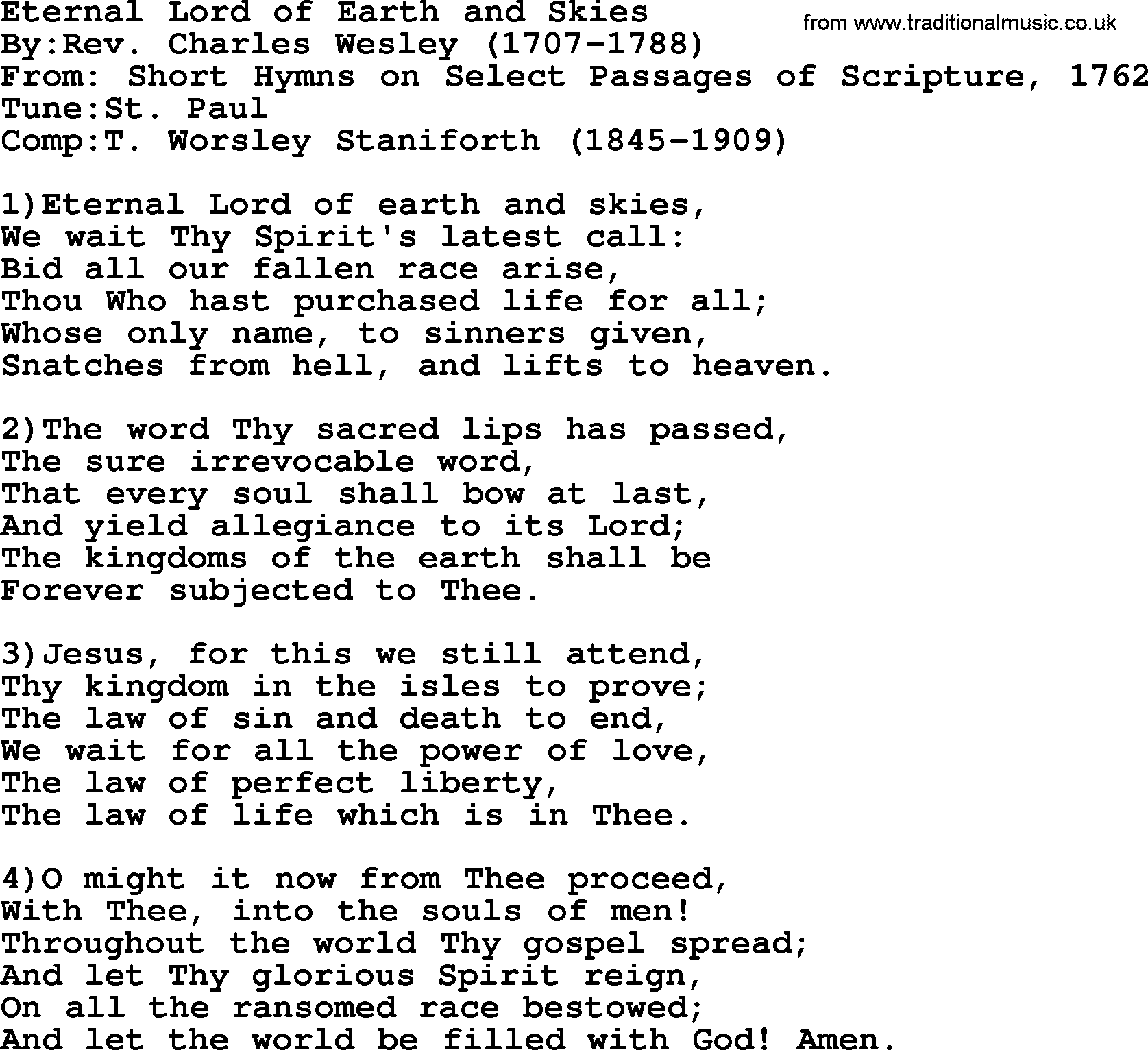 Methodist Hymn: Eternal Lord Of Earth And Skies, lyrics