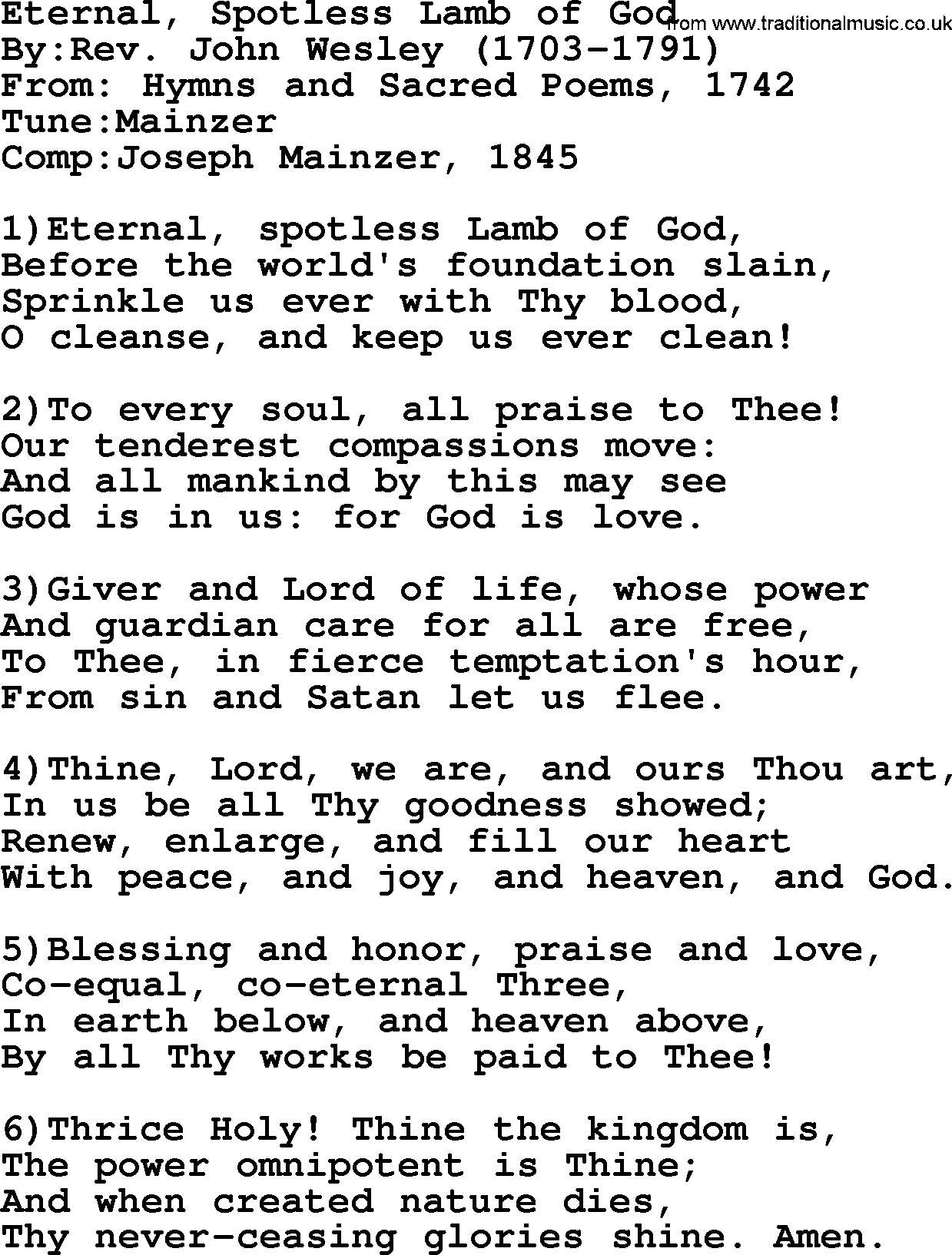 Methodist Hymn: Eternal, Spotless Lamb Of God, lyrics