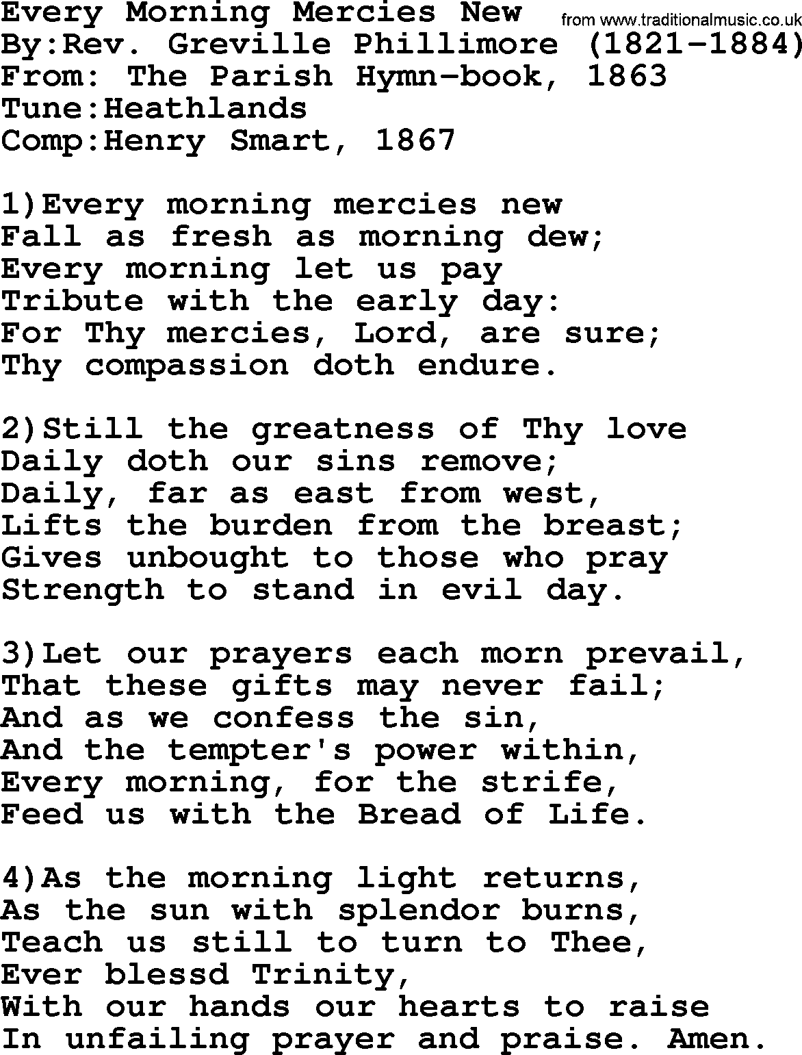 Methodist Hymn: Every Morning Mercies New, lyrics