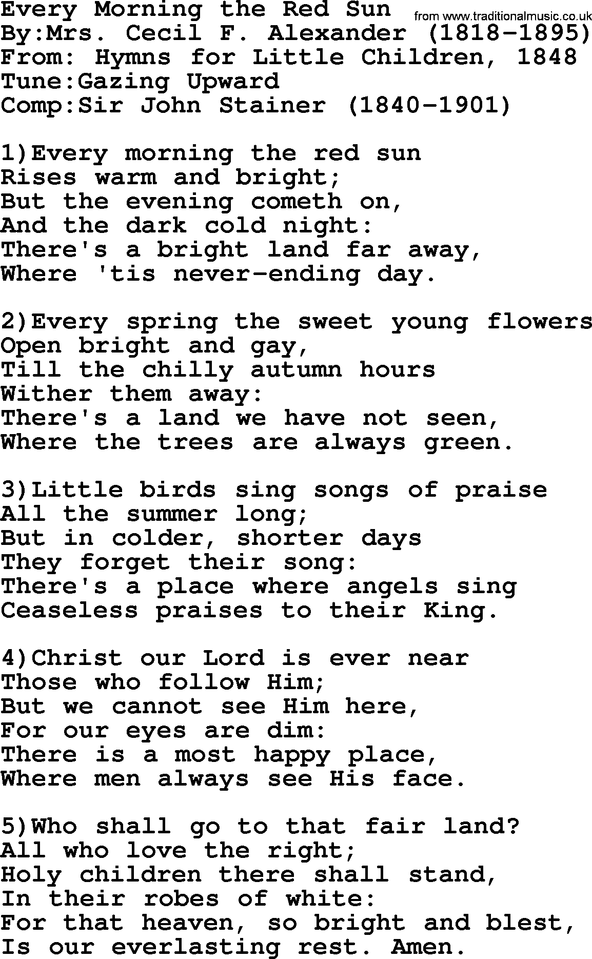 Methodist Hymn: Every Morning The Red Sun, lyrics