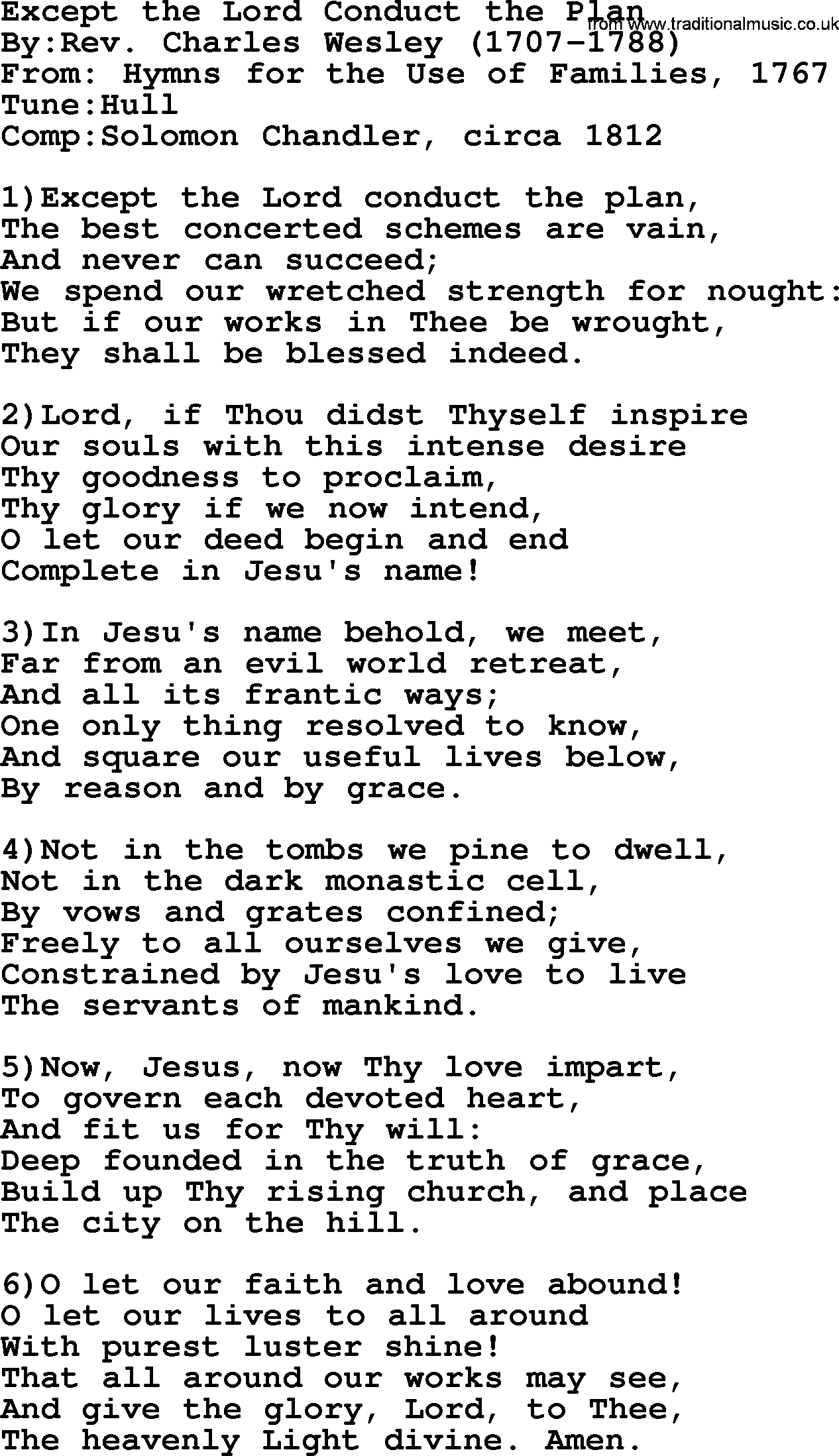 Methodist Hymn: Except The Lord Conduct The Plan, lyrics