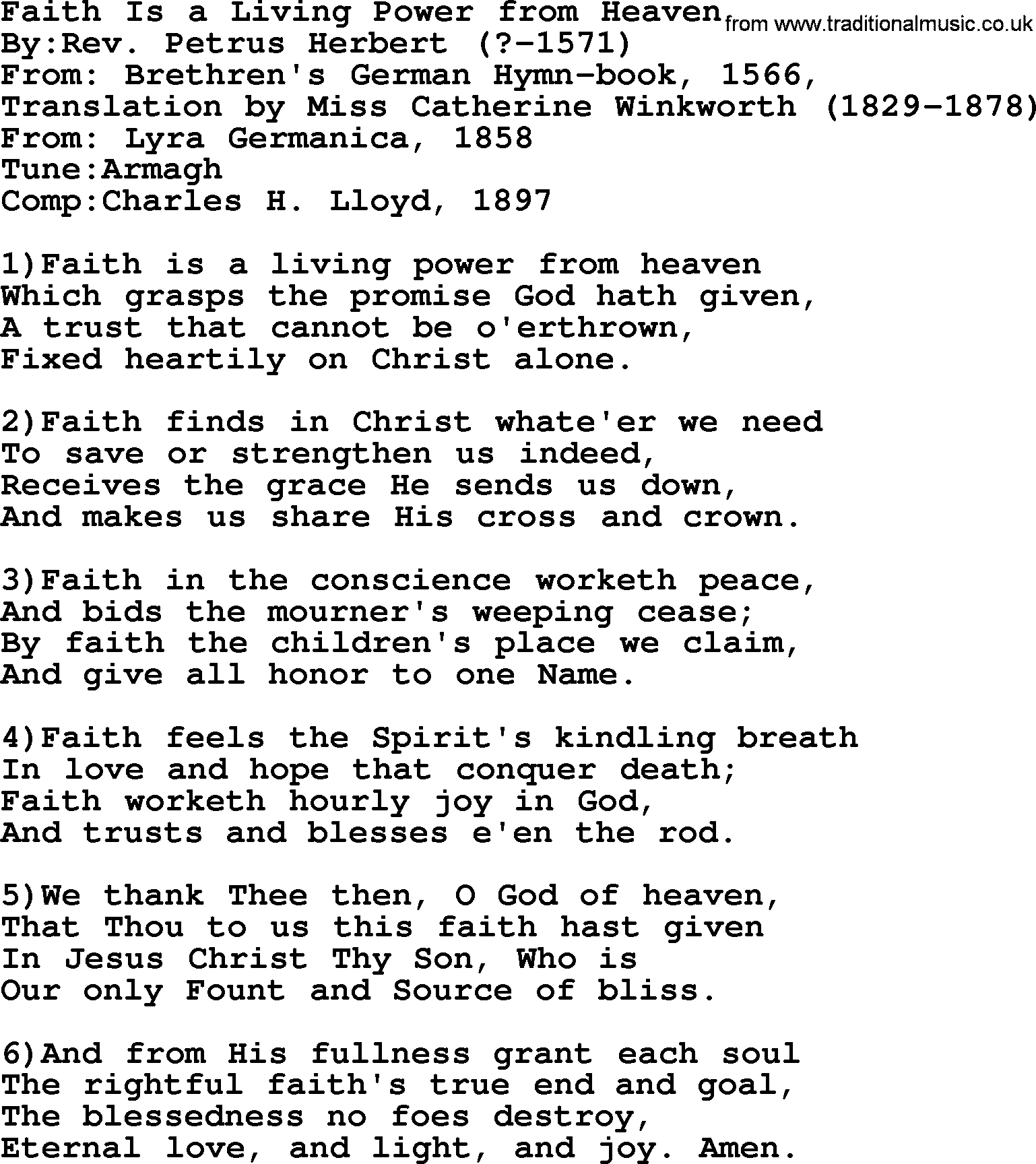 Methodist Hymn: Faith Is A Living Power From Heaven, lyrics