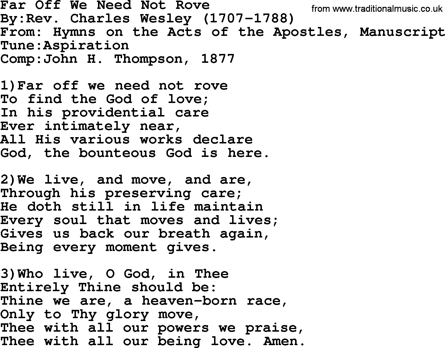Methodist Hymn: Far Off We Need Not Rove, lyrics