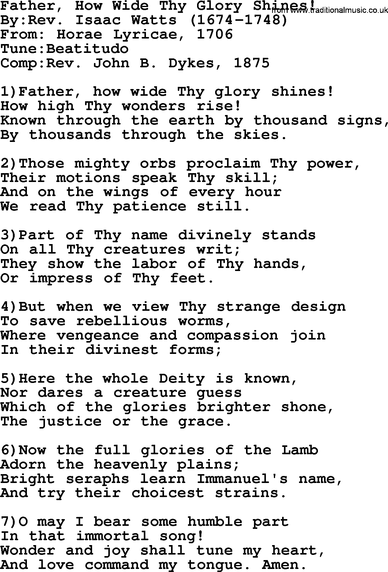 Methodist Hymn: Father, How Wide Thy Glory Shines!, lyrics