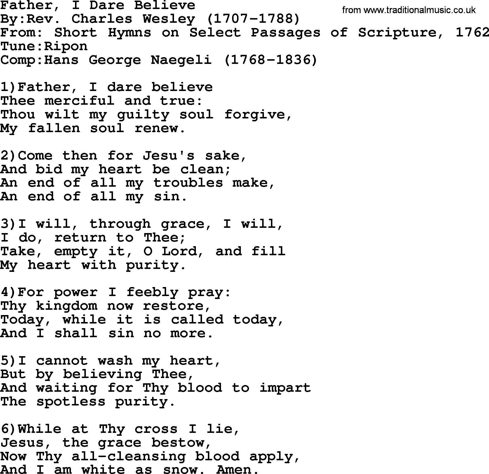 Methodist Hymn: Father, I Dare Believe, lyrics