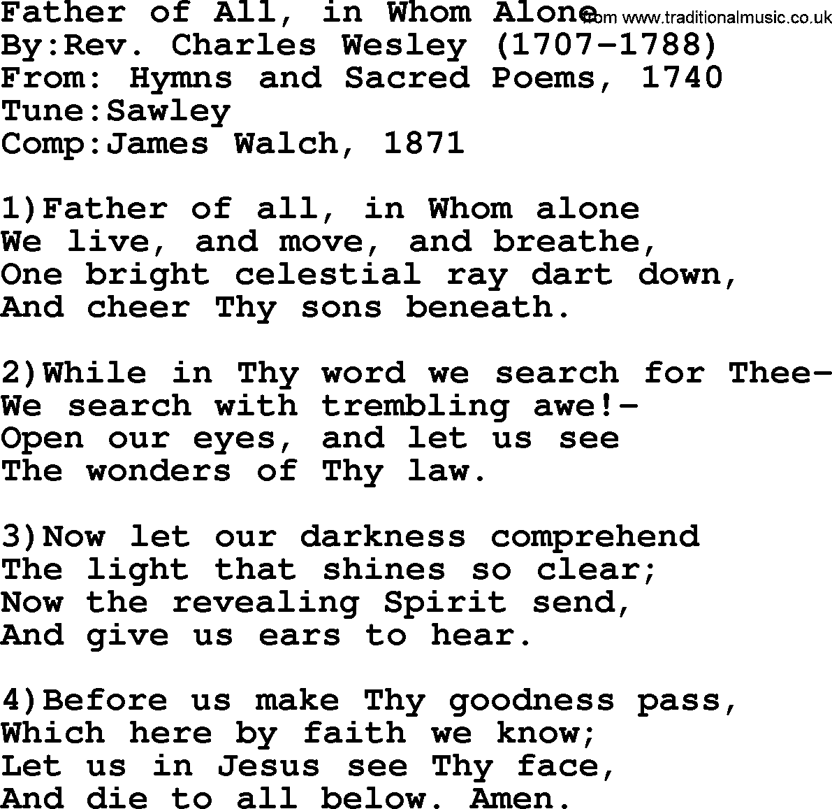 Methodist Hymn: Father Of All, In Whom Alone, lyrics