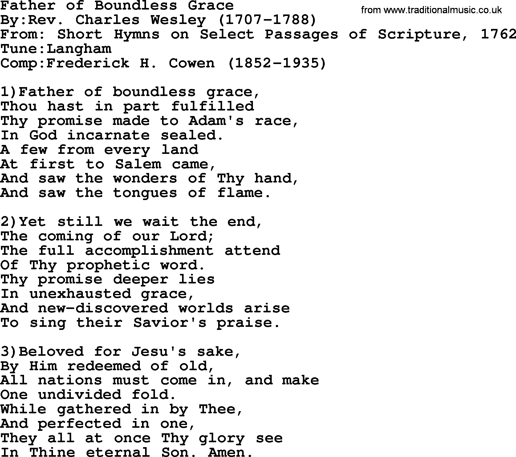 Methodist Hymn: Father Of Boundless Grace, lyrics