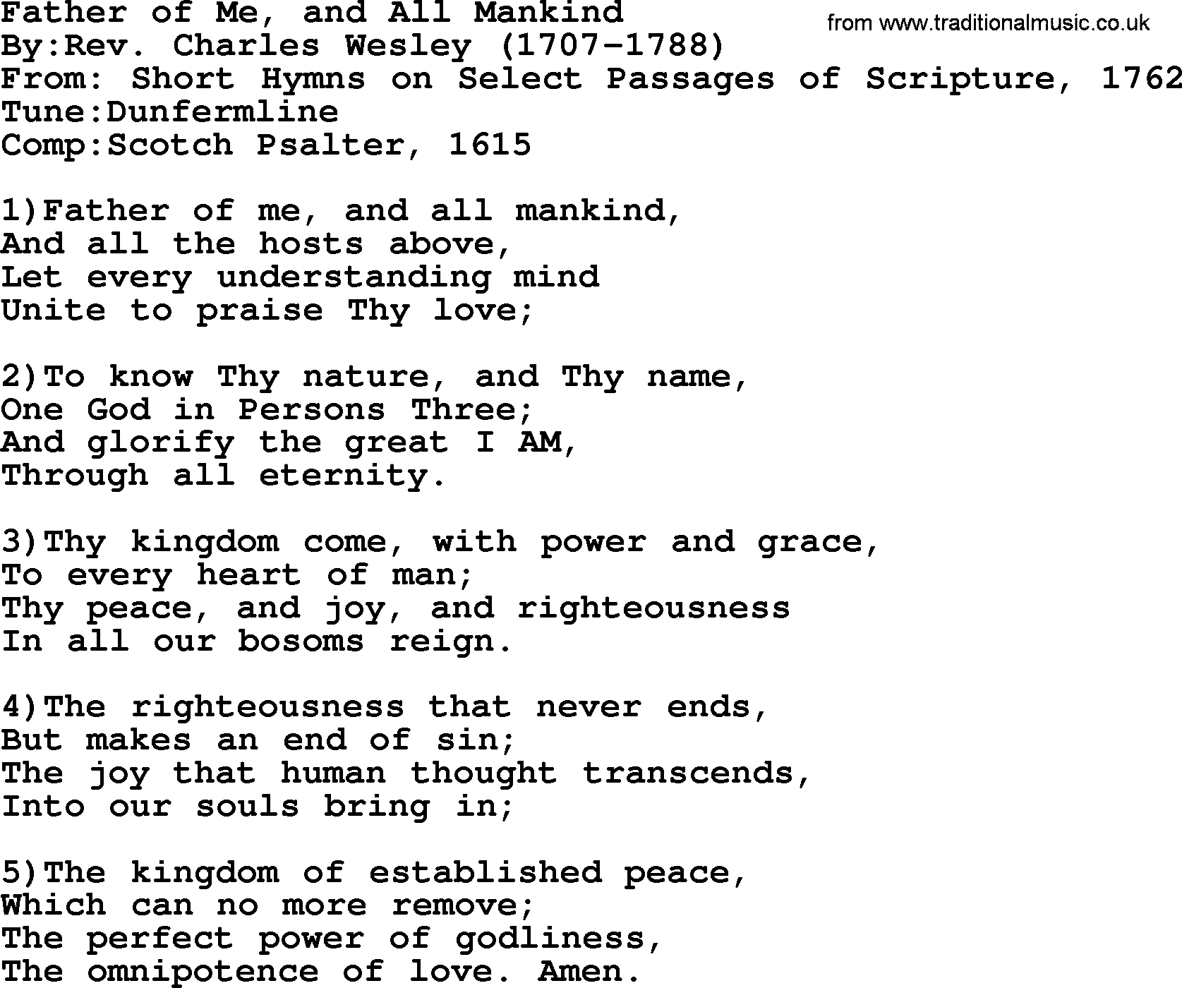 Methodist Hymn: Father Of Me, And All Mankind, lyrics
