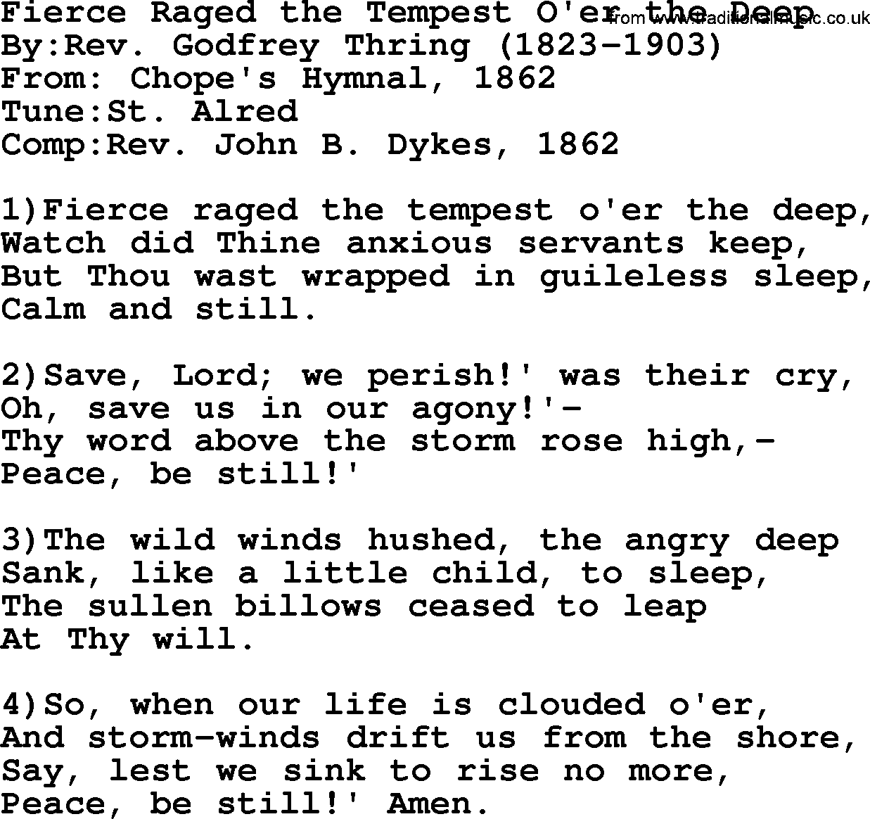 Methodist Hymn: Fierce Raged The Tempest O'er The Deep, lyrics