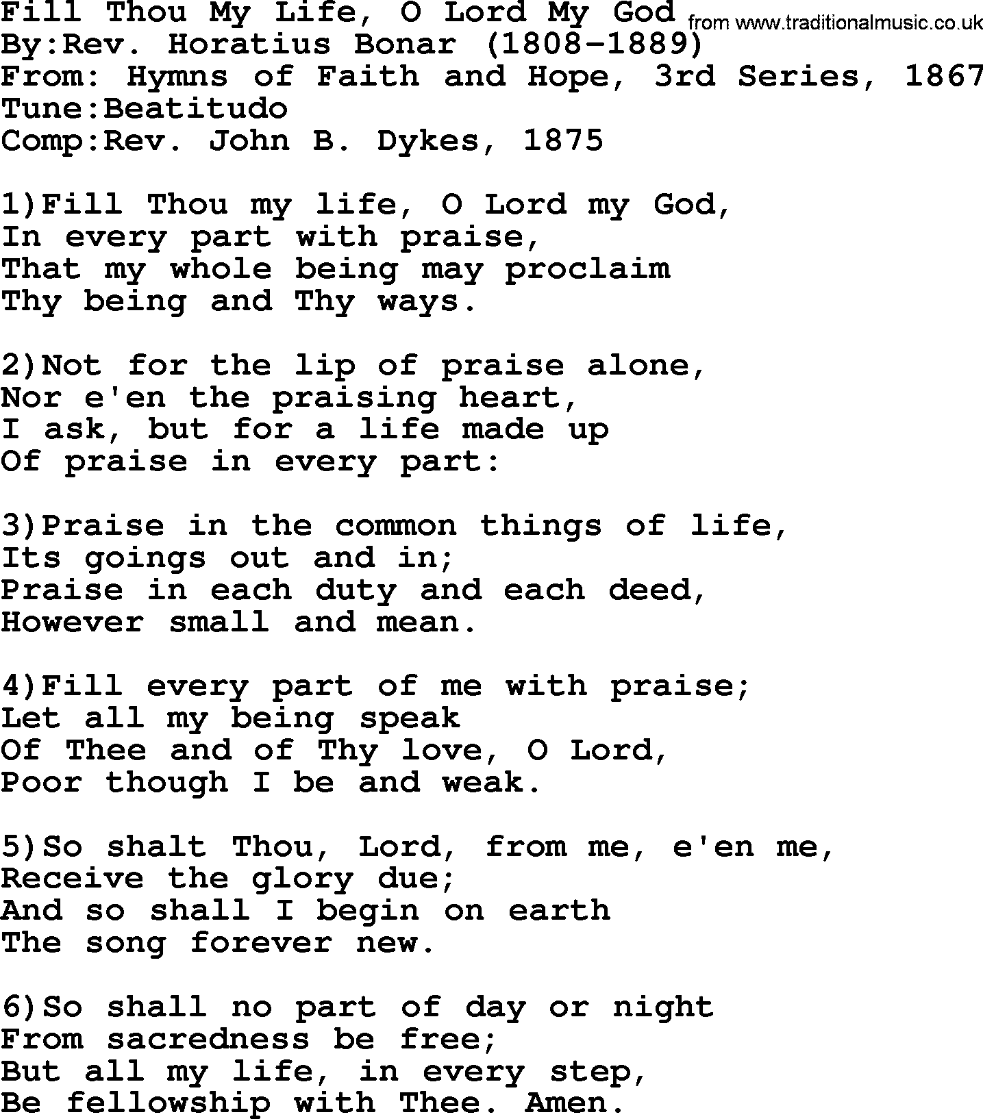 Methodist Hymn: Fill Thou My Life, O Lord My God, lyrics