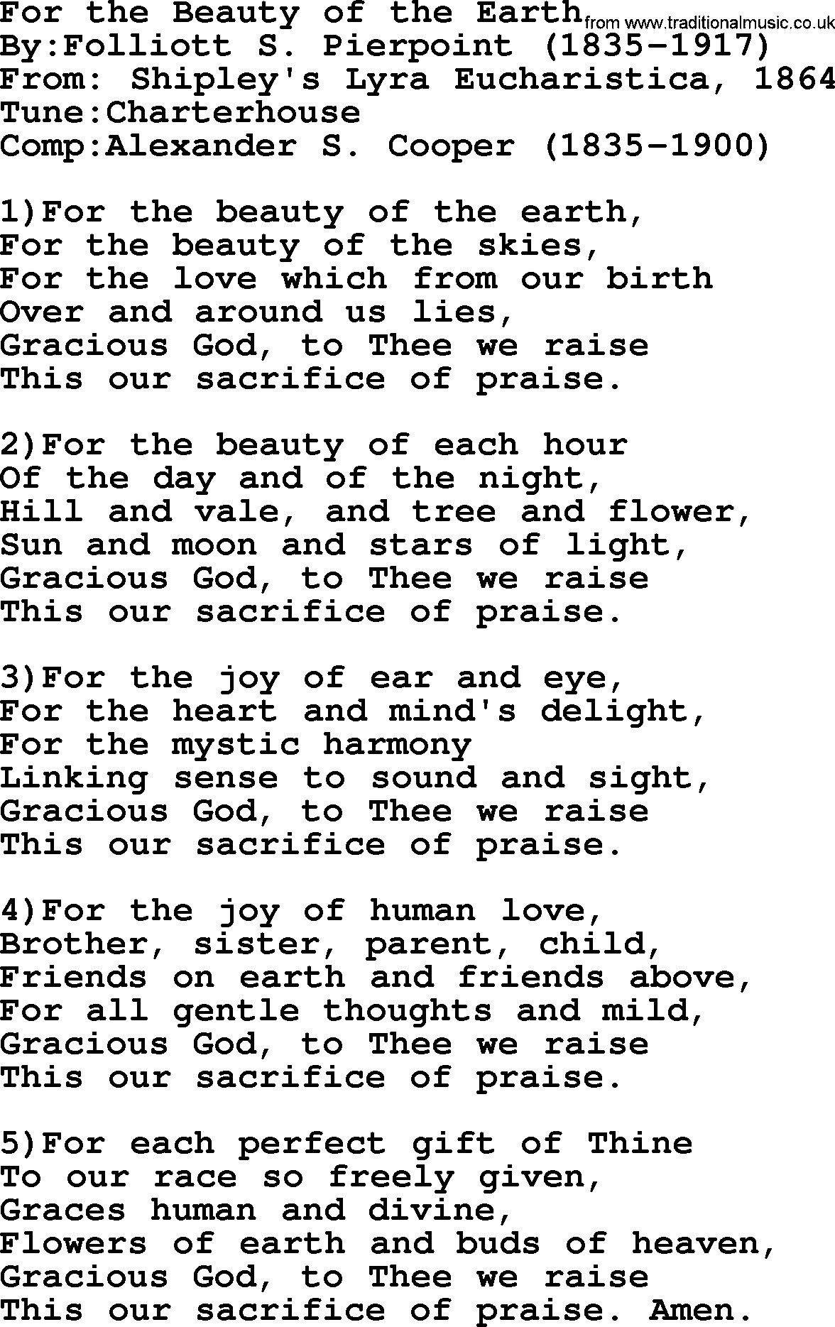 Methodist Hymn: For The Beauty Of The Earth, lyrics