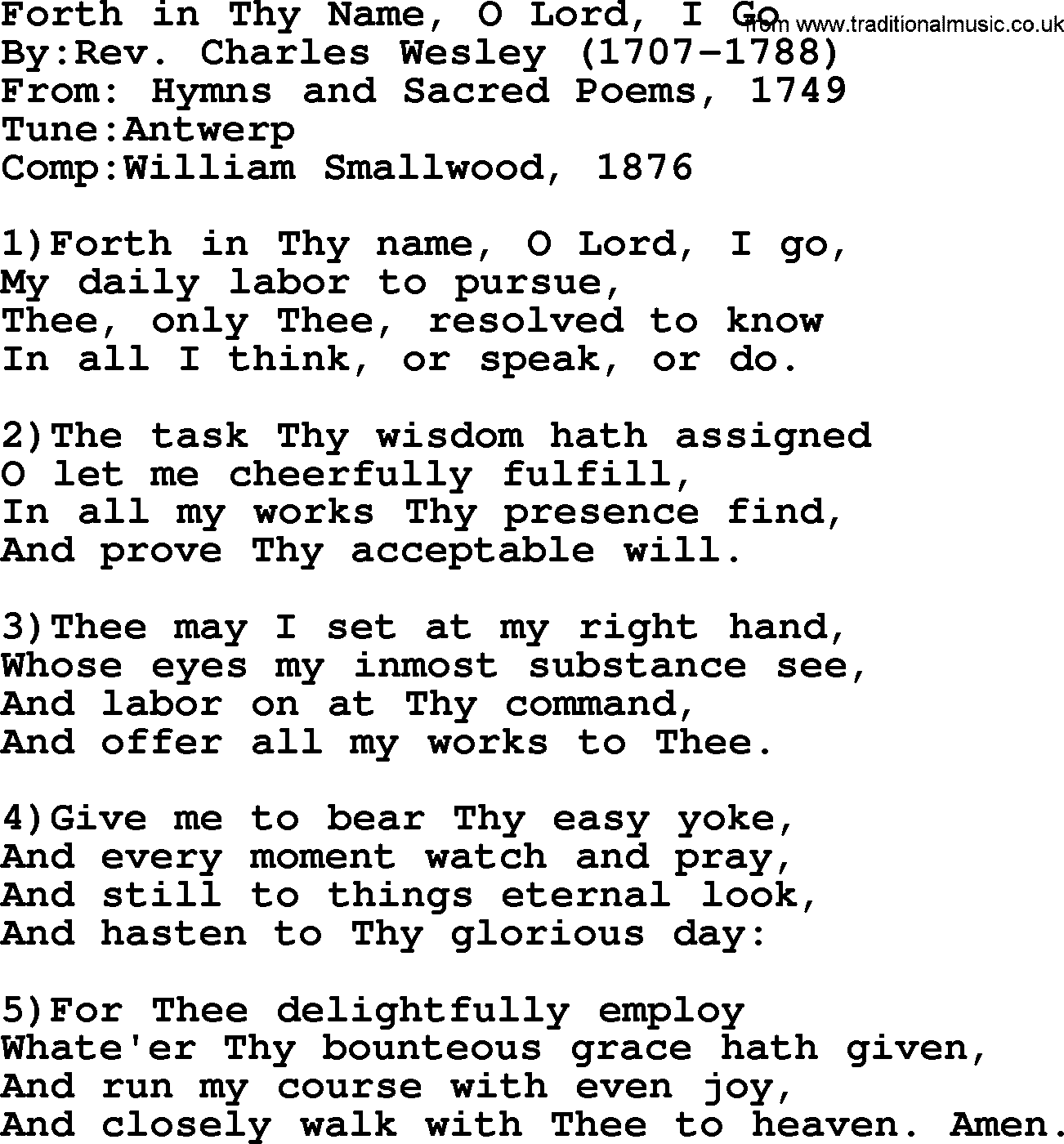 Methodist Hymn: Forth In Thy Name, O Lord, I Go, lyrics