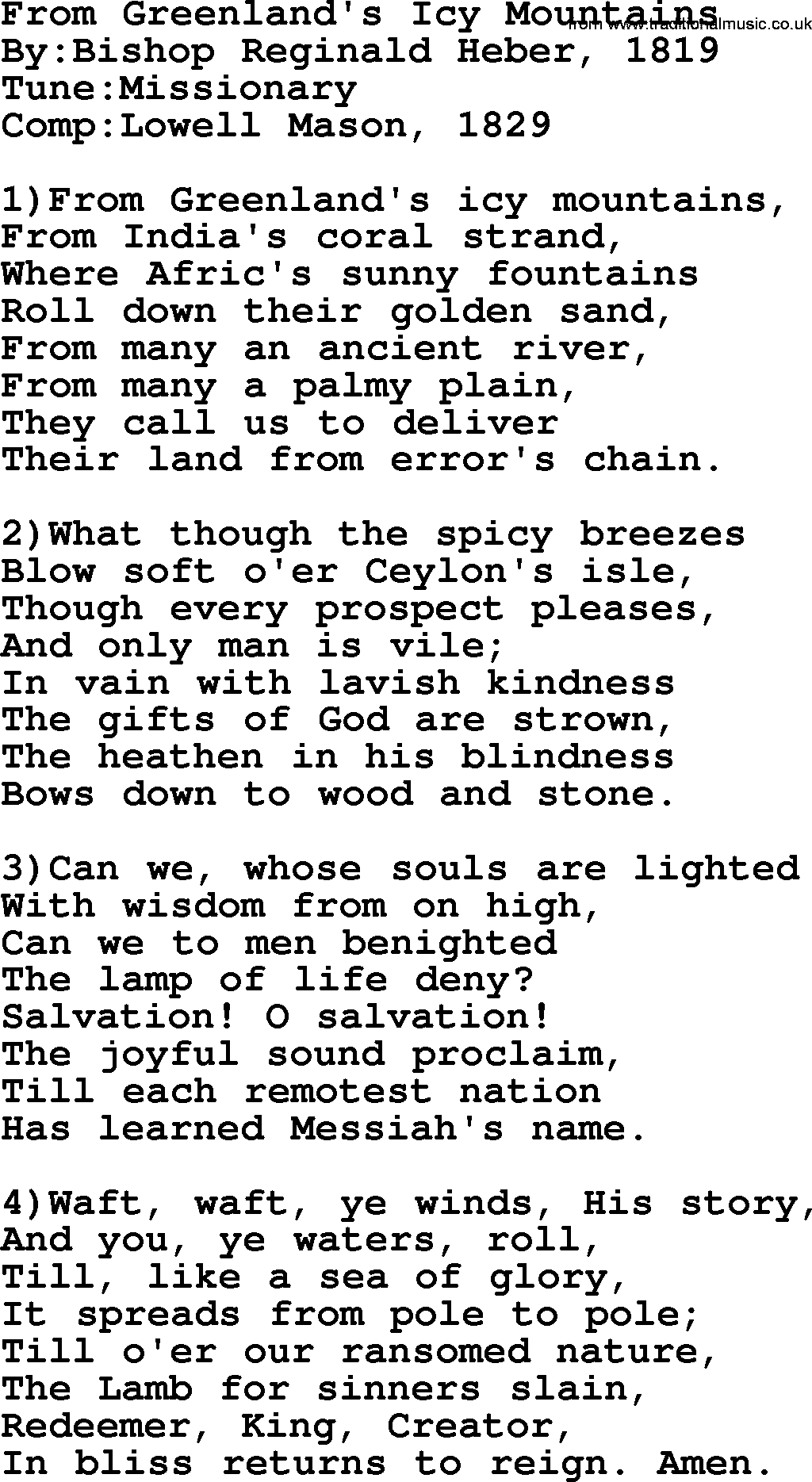 Methodist Hymn: From Greenland's Icy Mountains, lyrics