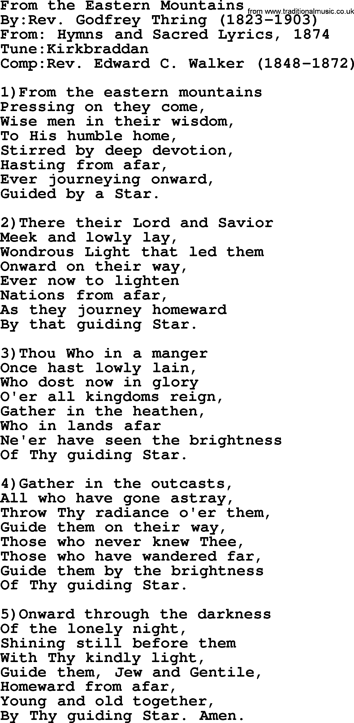 Methodist Hymn: From The Eastern Mountains, lyrics