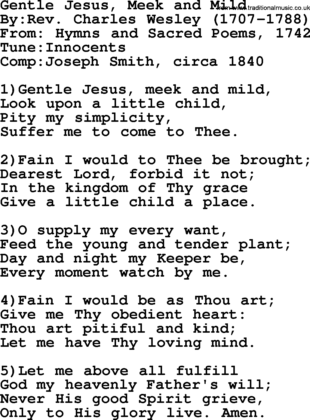 Methodist Hymn: Gentle Jesus, Meek And Mild, lyrics