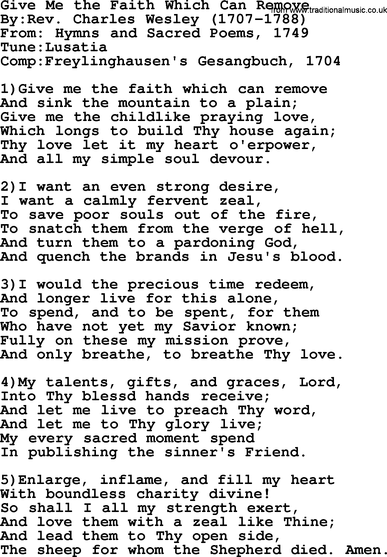 Methodist Hymn: Give Me The Faith Which Can Remove, lyrics