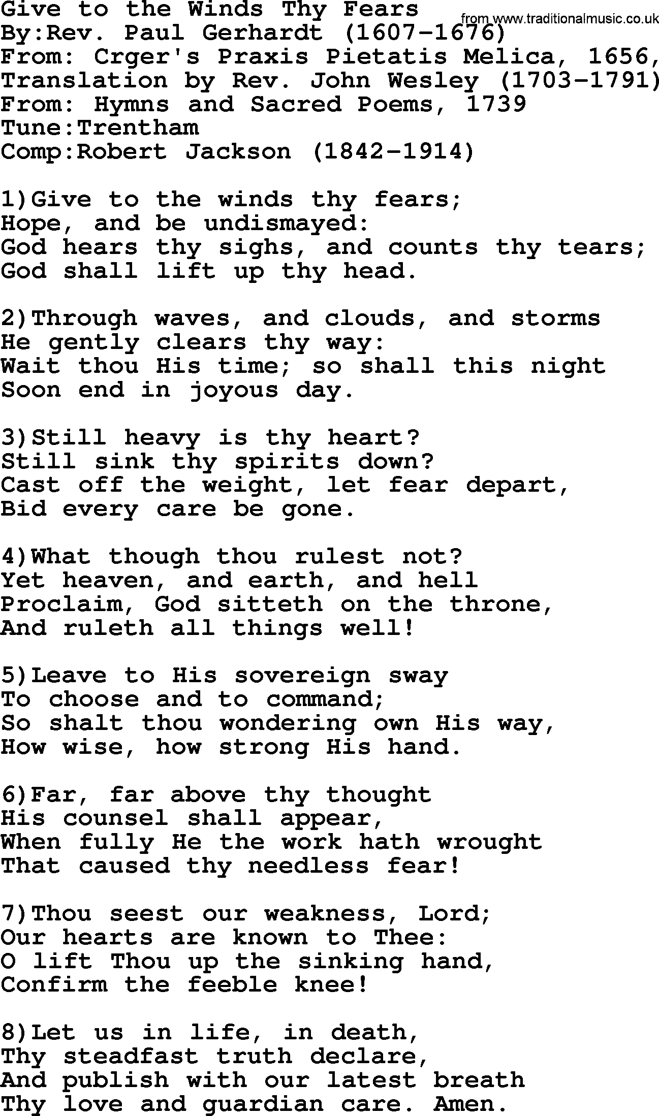 Methodist Hymn: Give To The Winds Thy Fears, lyrics
