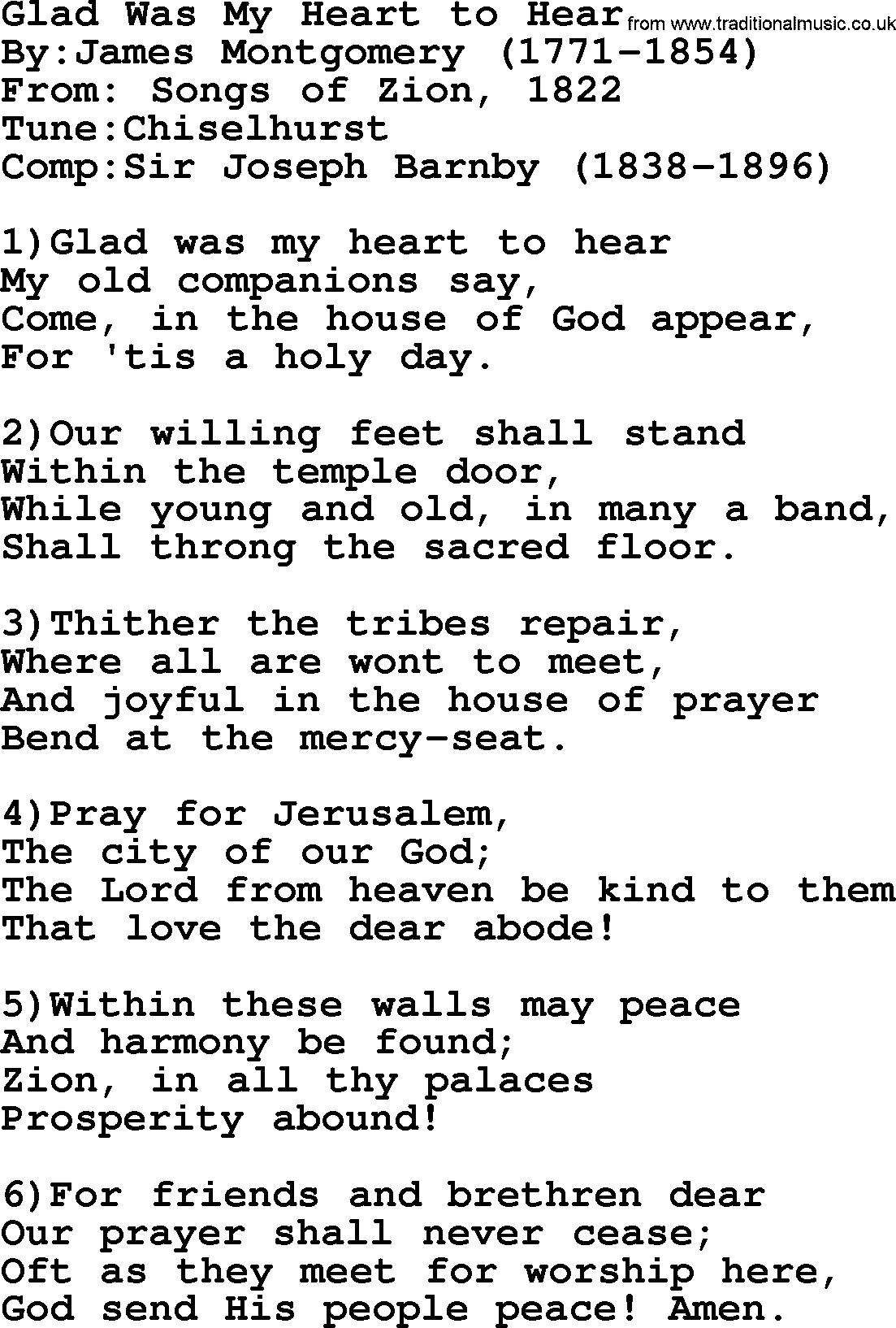 Methodist Hymn: Glad Was My Heart To Hear, lyrics
