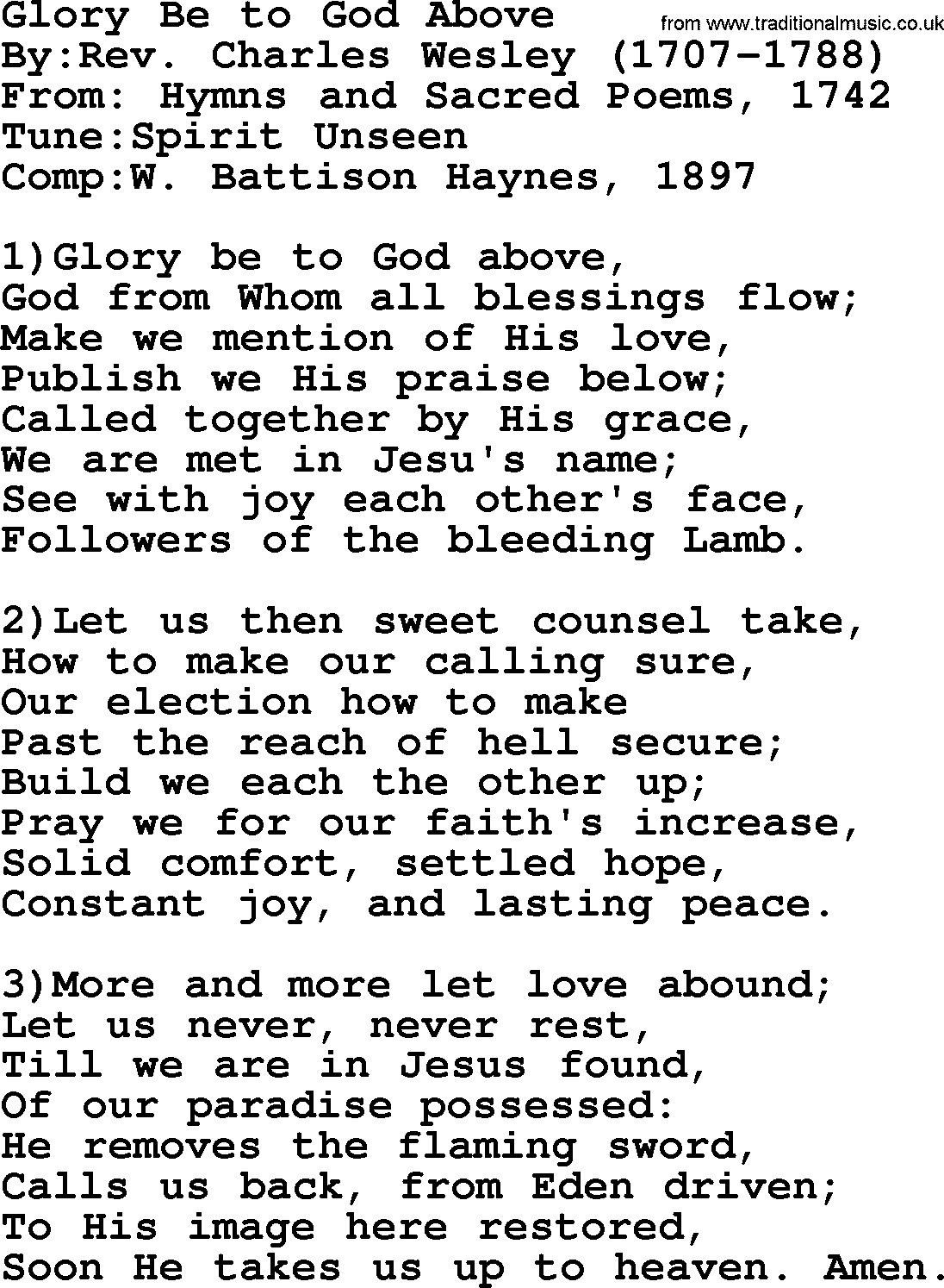 Methodist Hymn: Glory Be To God Above, lyrics