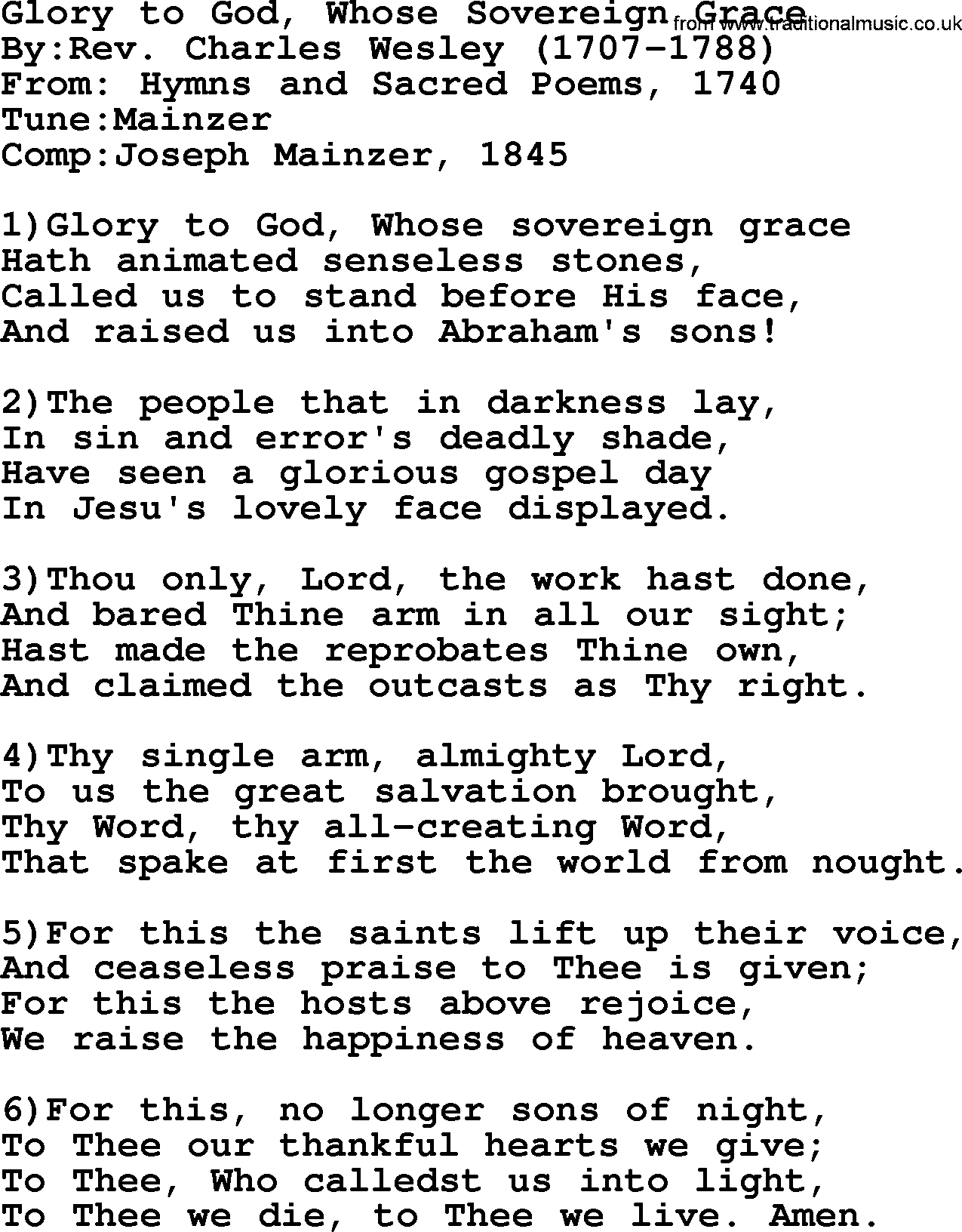 Methodist Hymn: Glory To God, Whose Sovereign Grace, lyrics