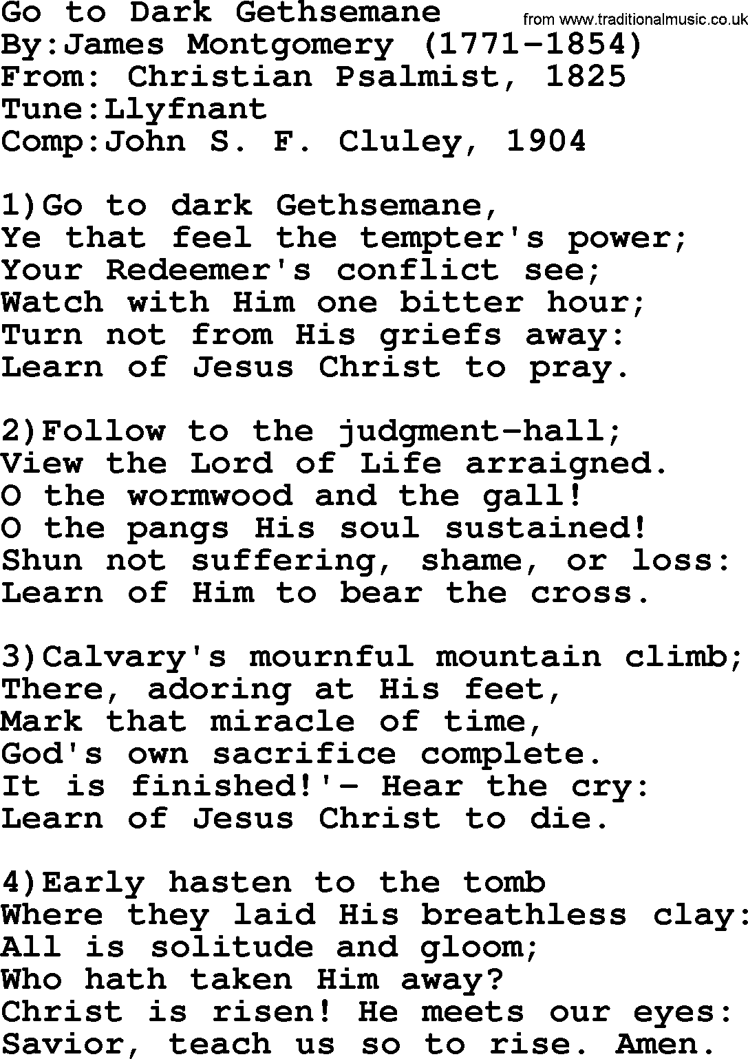 Methodist Hymn: Go To Dark Gethsemane, lyrics