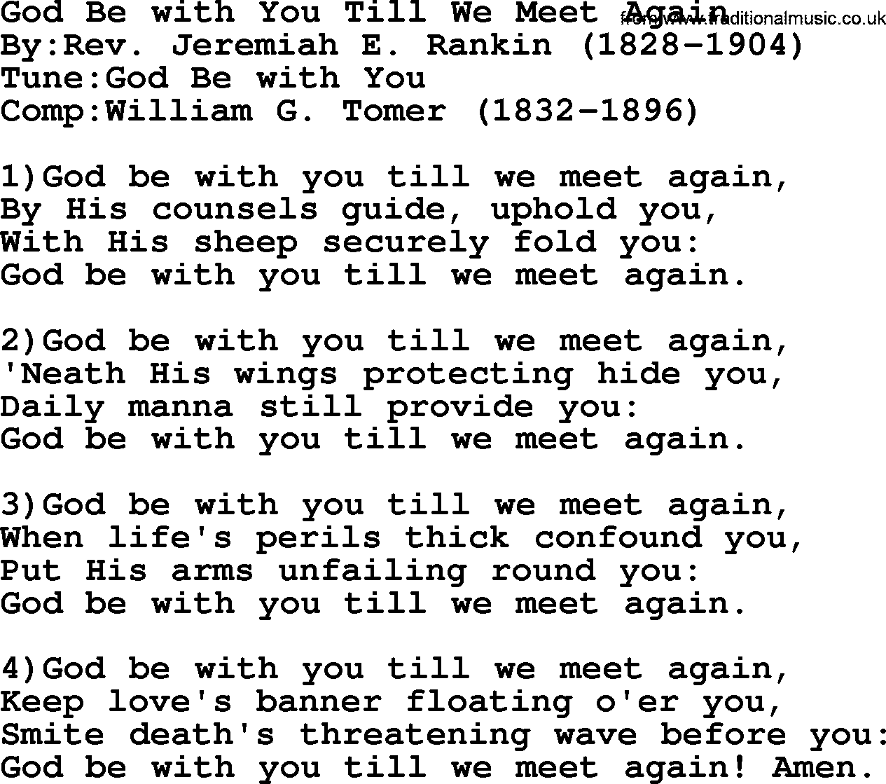 Methodist Hymn: God Be With You Till We Meet Again, lyrics