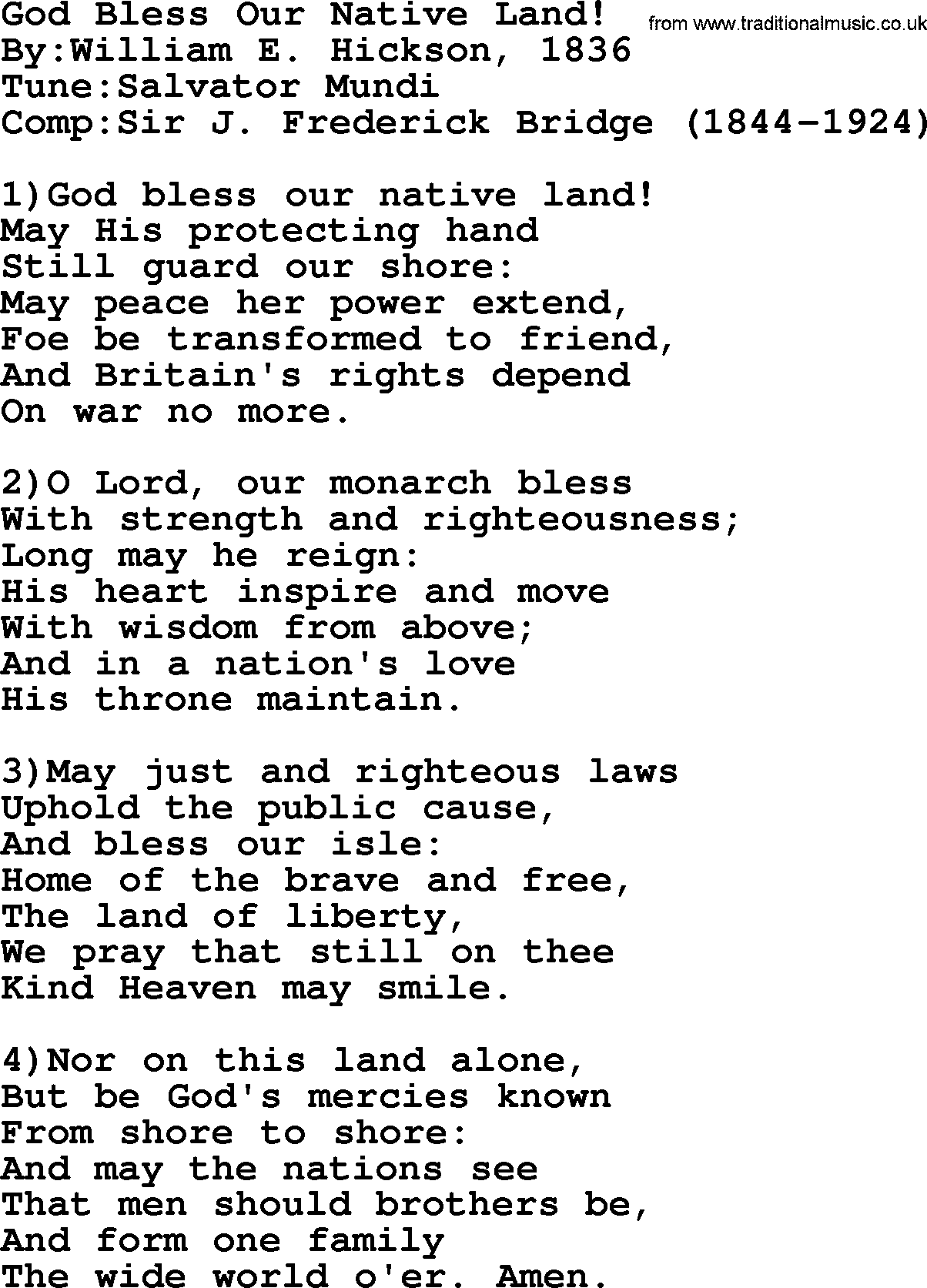 Methodist Hymn: God Bless Our Native Land!, lyrics
