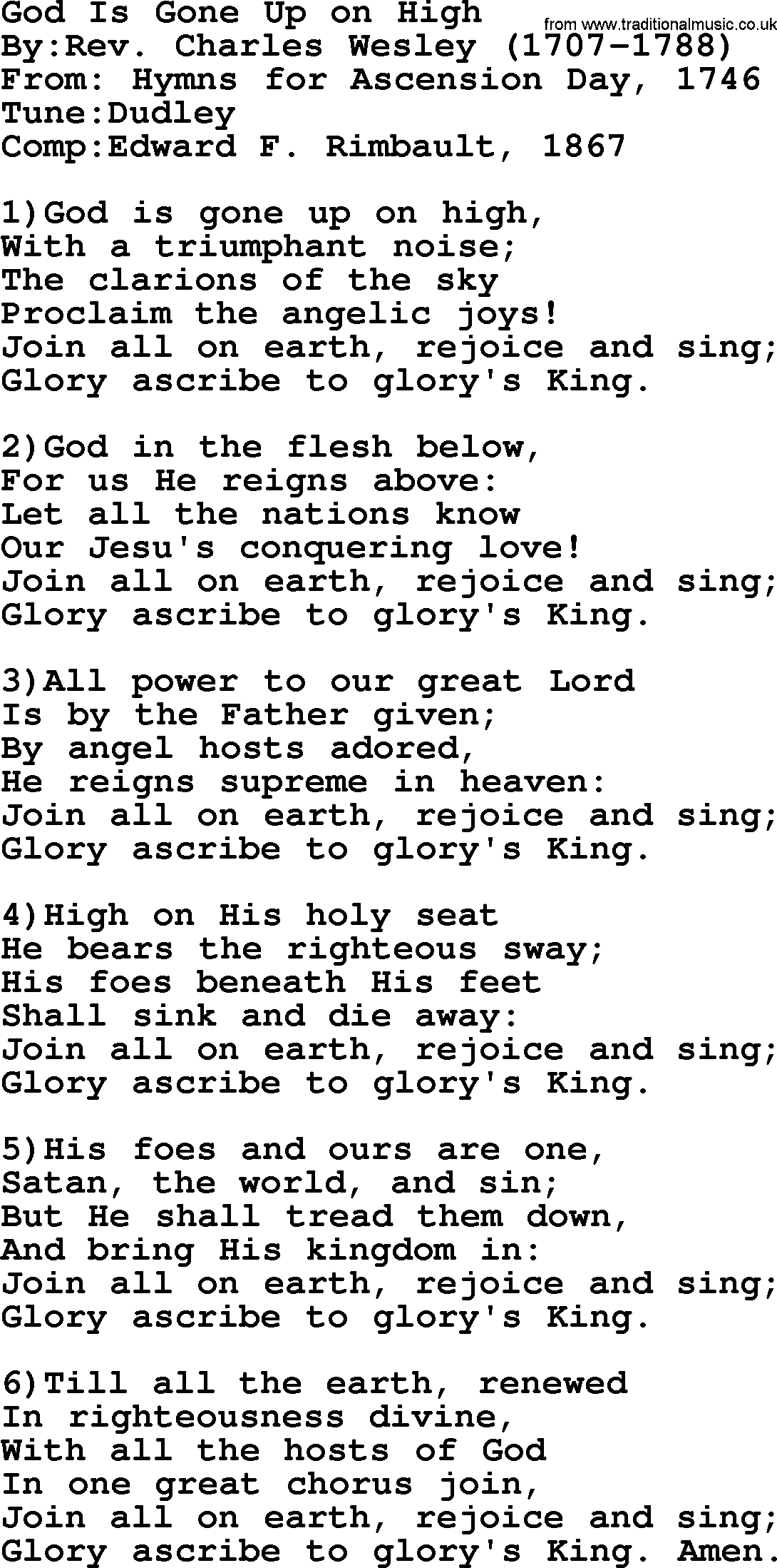 Methodist Hymn: God Is Gone Up On High, lyrics