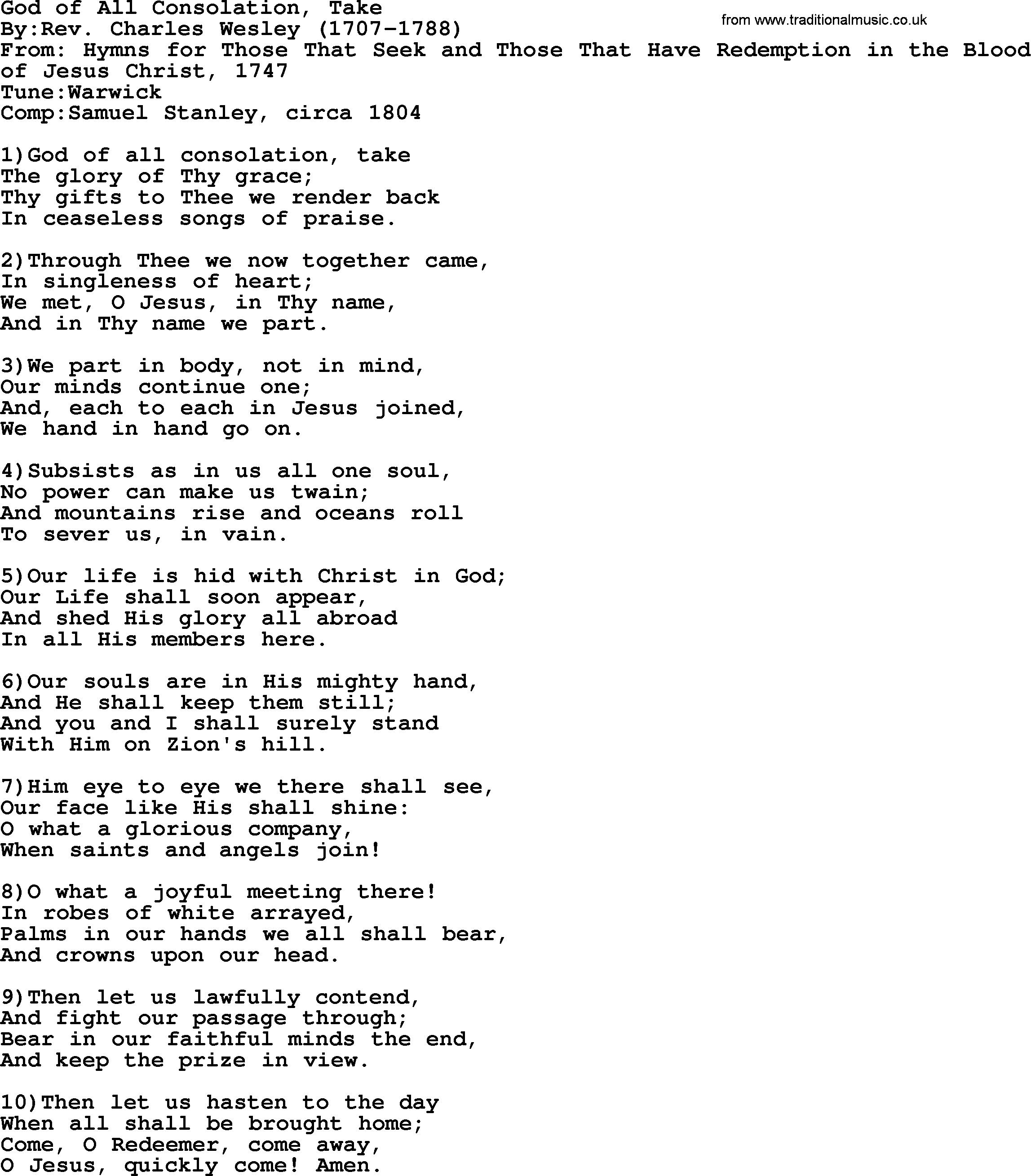 Methodist Hymn: God Of All Consolation, Take, lyrics