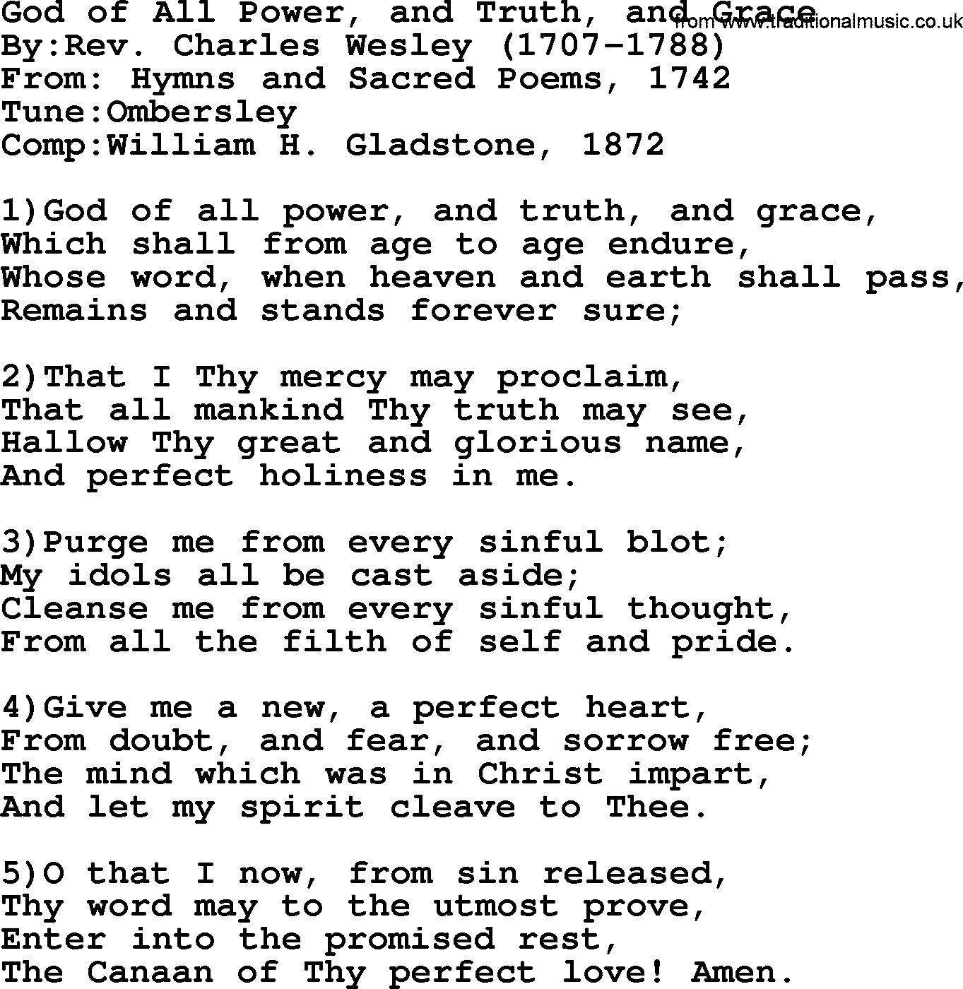 Methodist Hymn: God Of All Power, And Truth, And Grace, lyrics