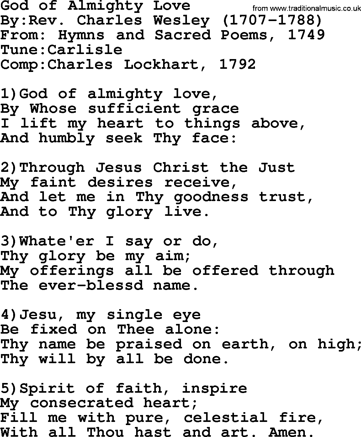 Methodist Hymn: God Of Almighty Love, lyrics