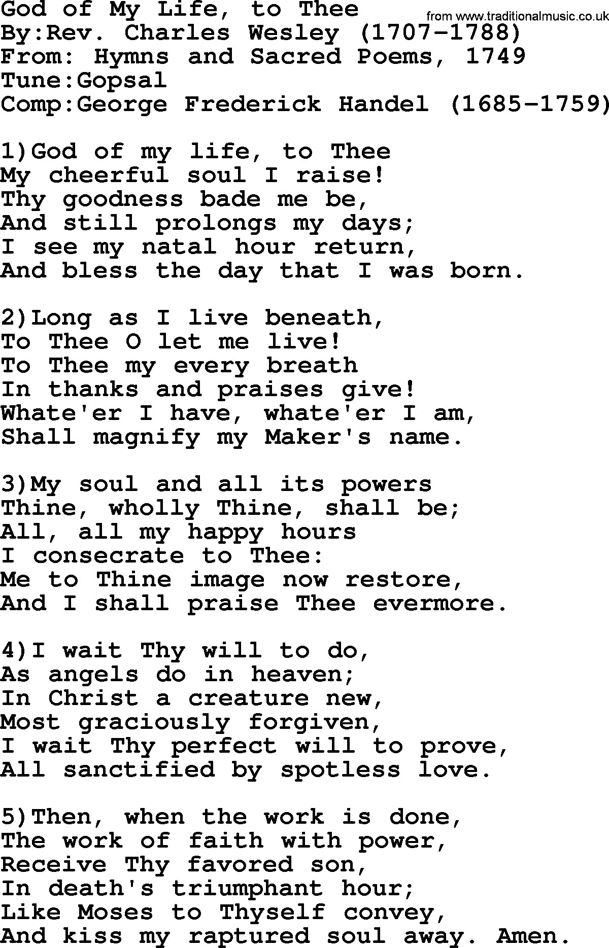 Methodist Hymn: God Of My Life, To Thee, lyrics