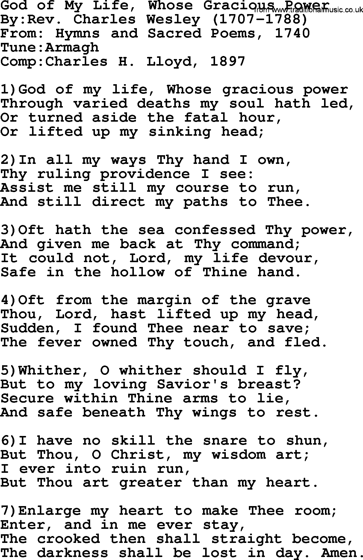 Methodist Hymn: God Of My Life, Whose Gracious Power, lyrics