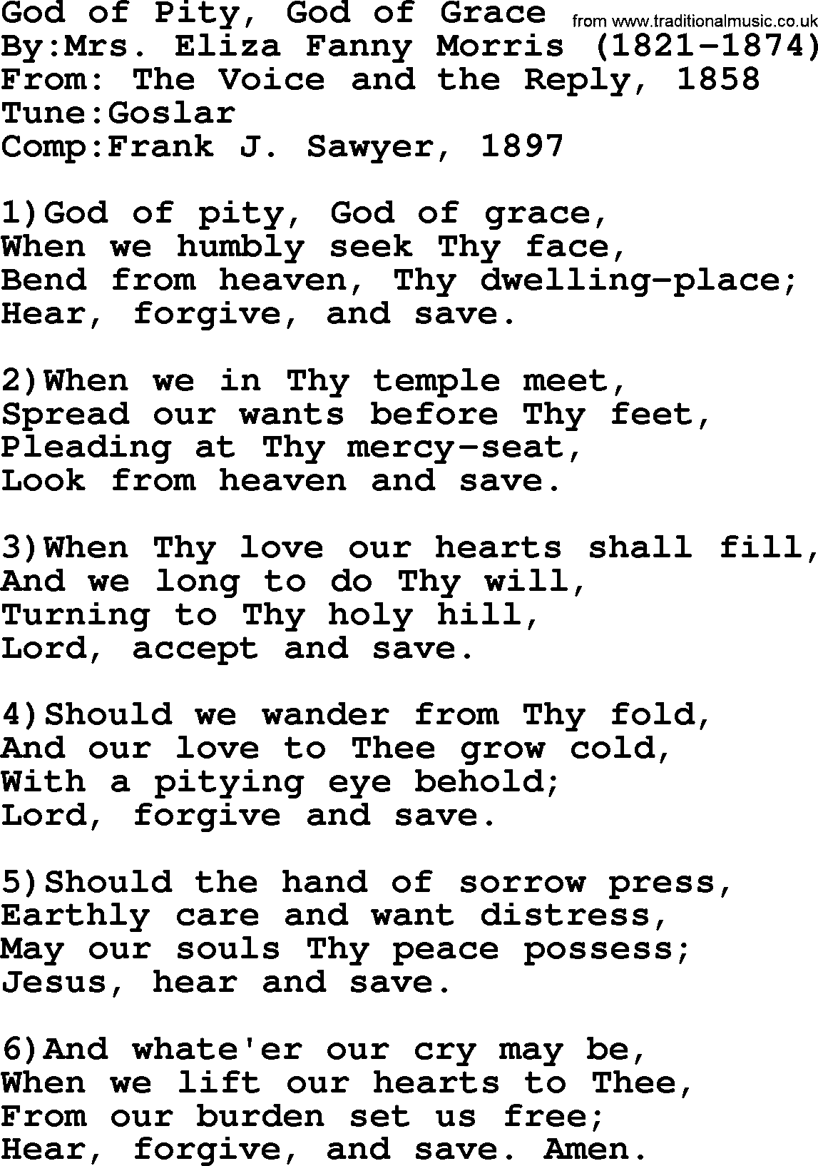 Methodist Hymn: God Of Pity, God Of Grace, lyrics