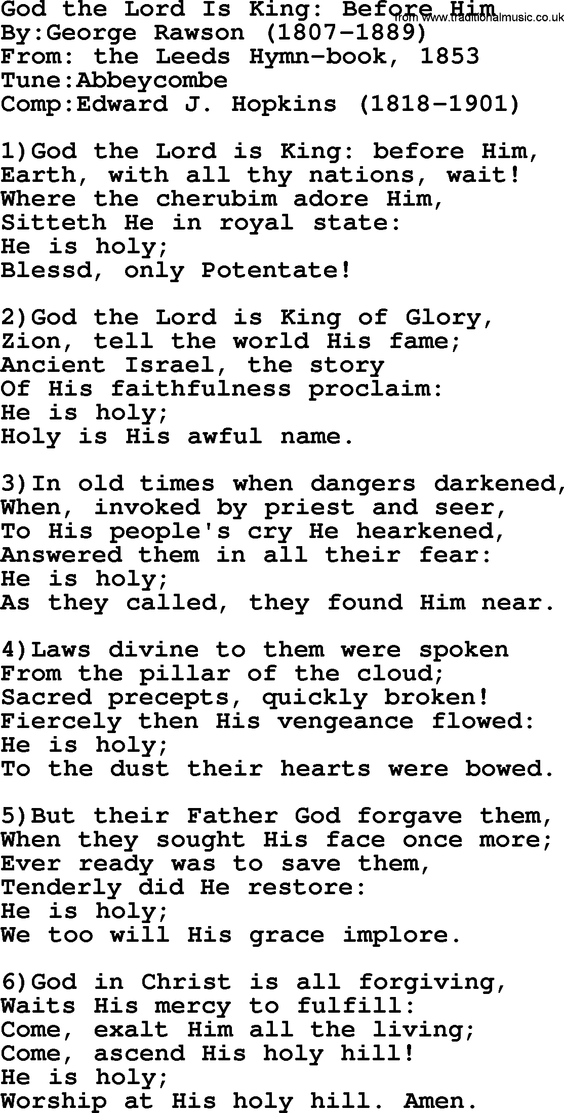 Methodist Hymn: God The Lord Is King Before Him, lyrics