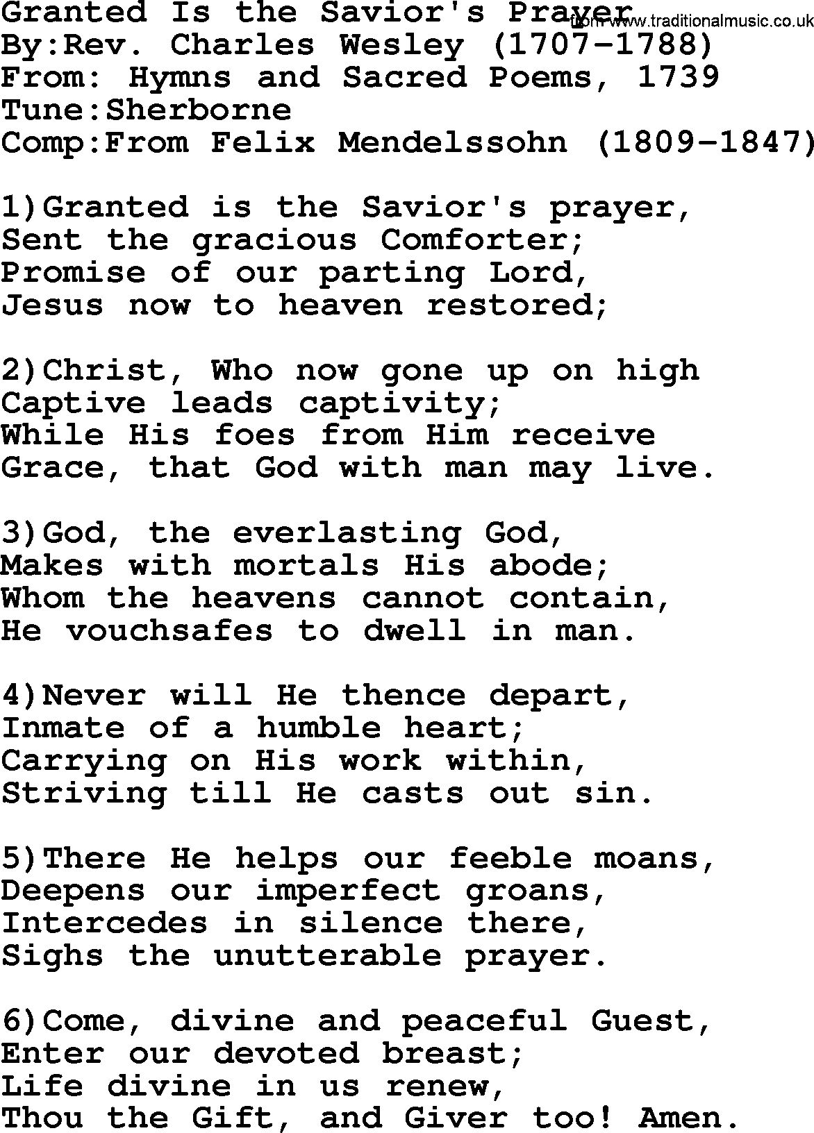 Methodist Hymn: Granted Is The Savior's Prayer, lyrics