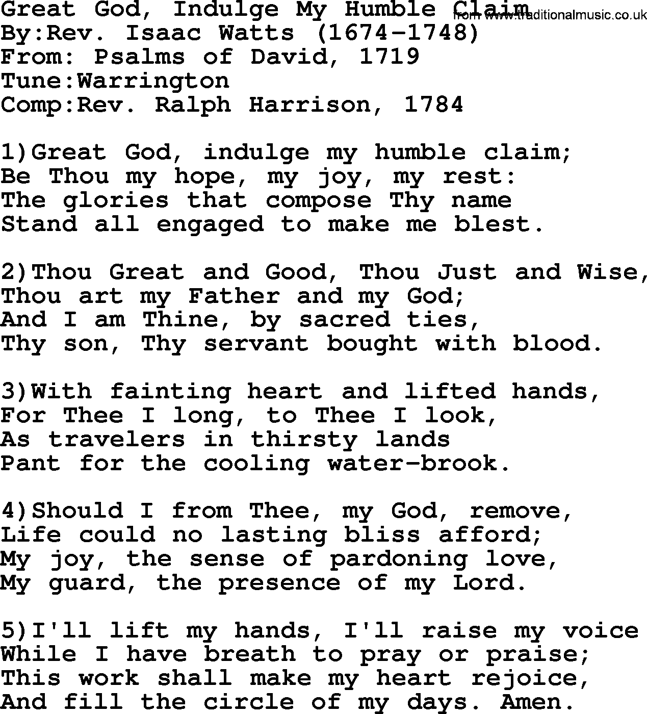 Methodist Hymn: Great God, Indulge My Humble Claim, lyrics