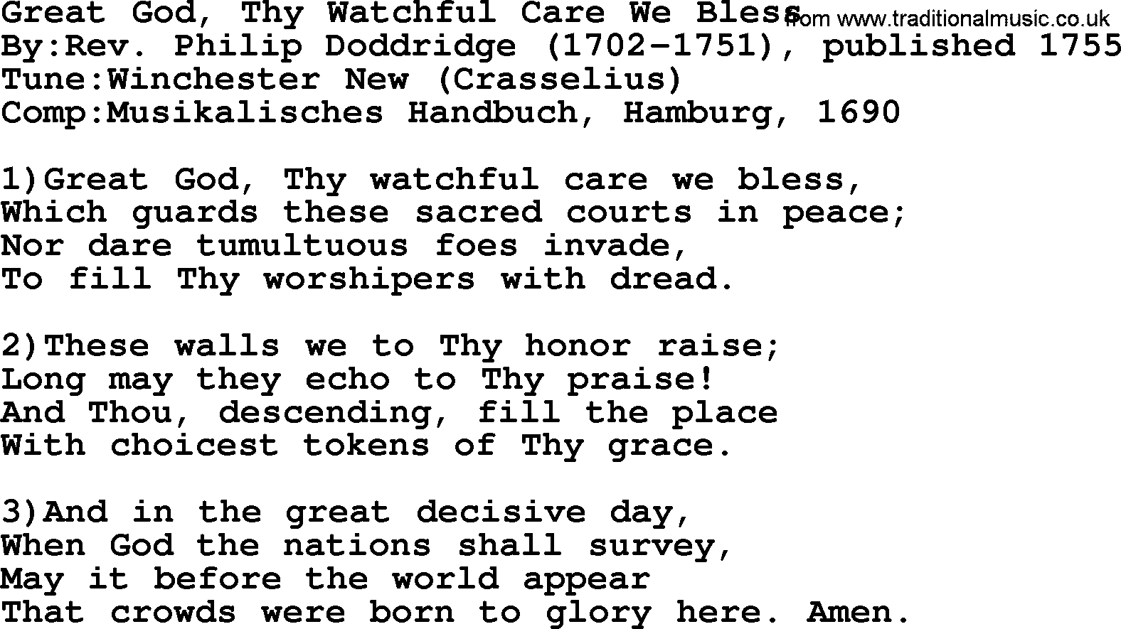Methodist Hymn: Great God, Thy Watchful Care We Bless, lyrics