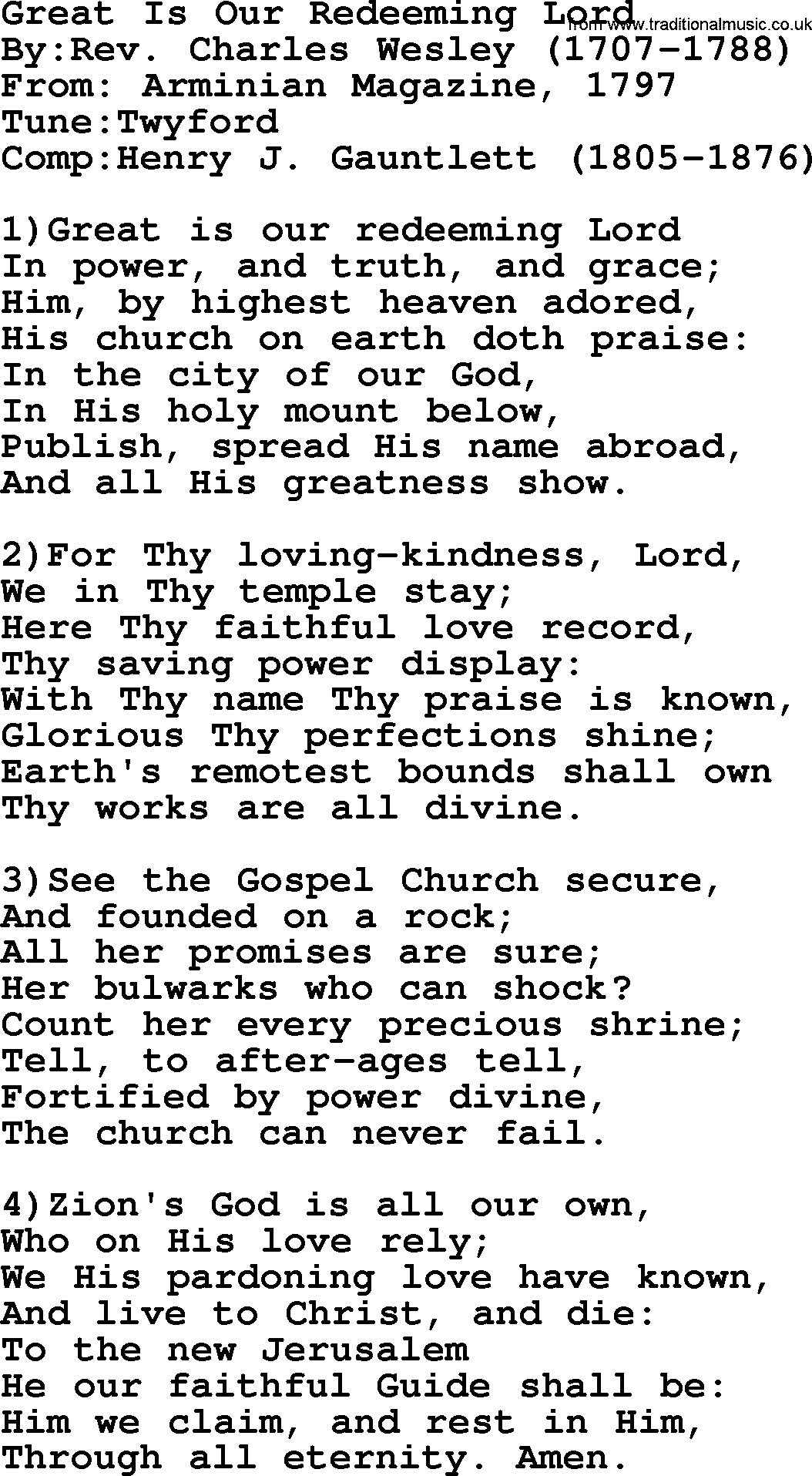 Methodist Hymn: Great Is Our Redeeming Lord, lyrics