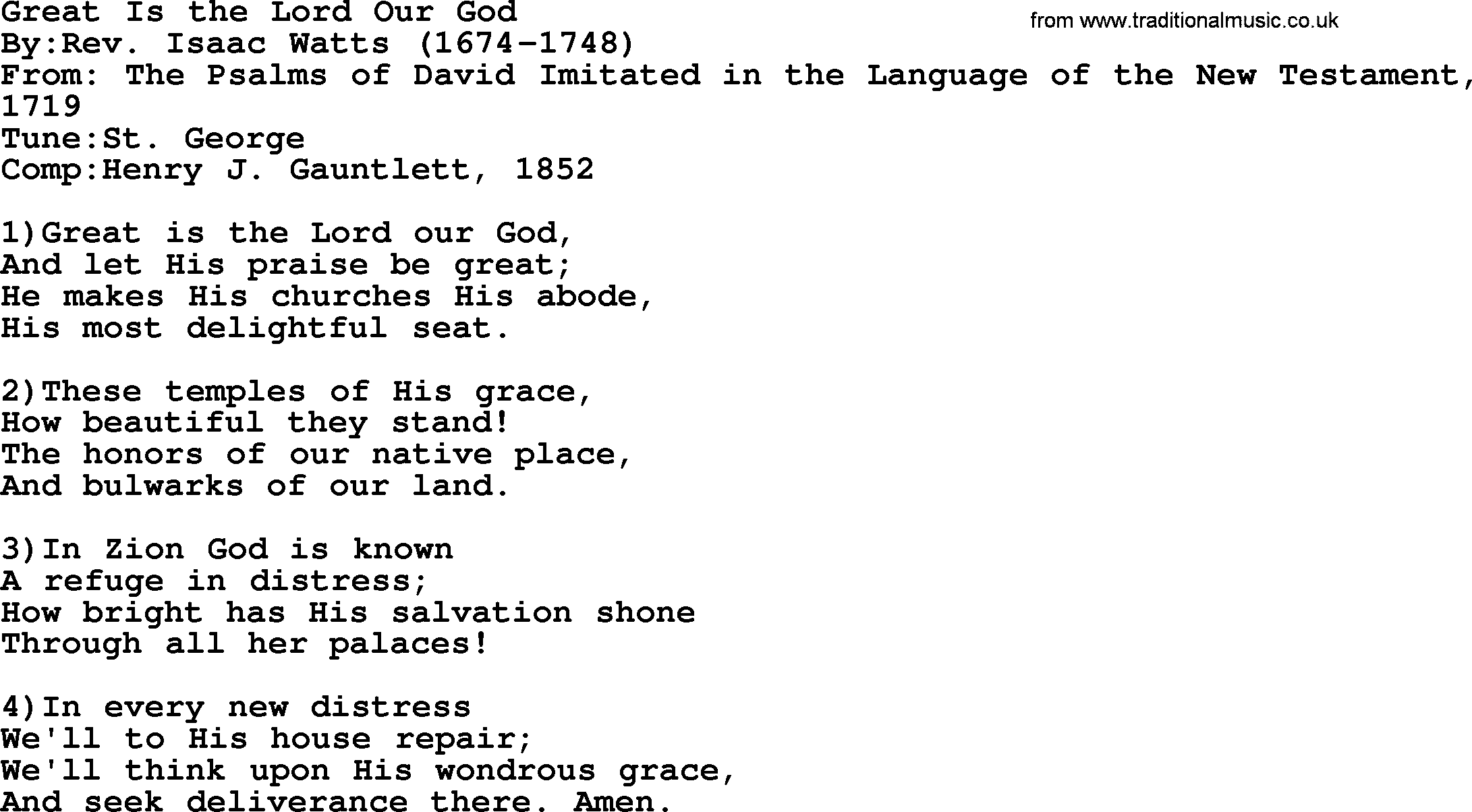 Methodist Hymn: Great Is The Lord Our God, lyrics