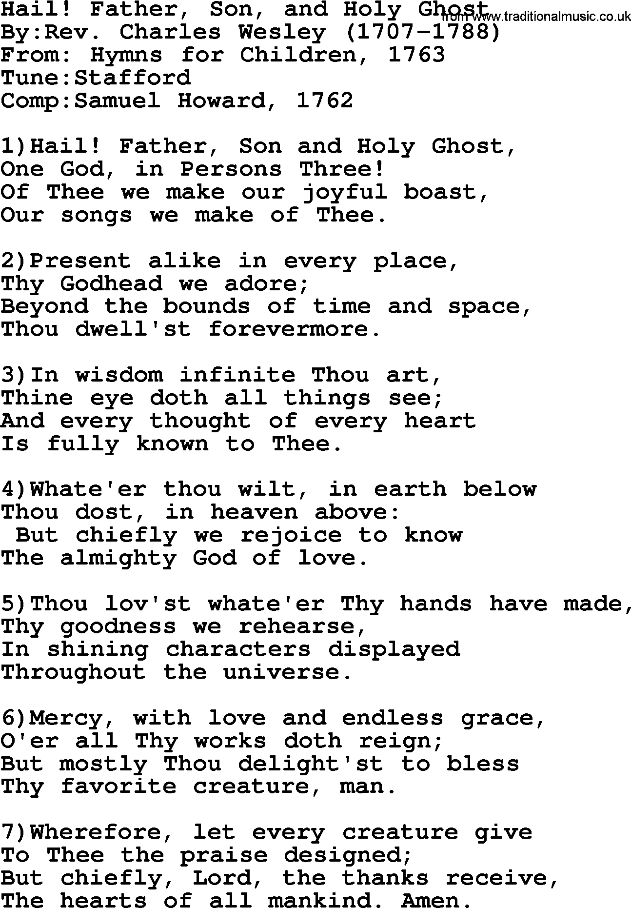 Methodist Hymn: Hail! Father, Son, And Holy Ghost, lyrics