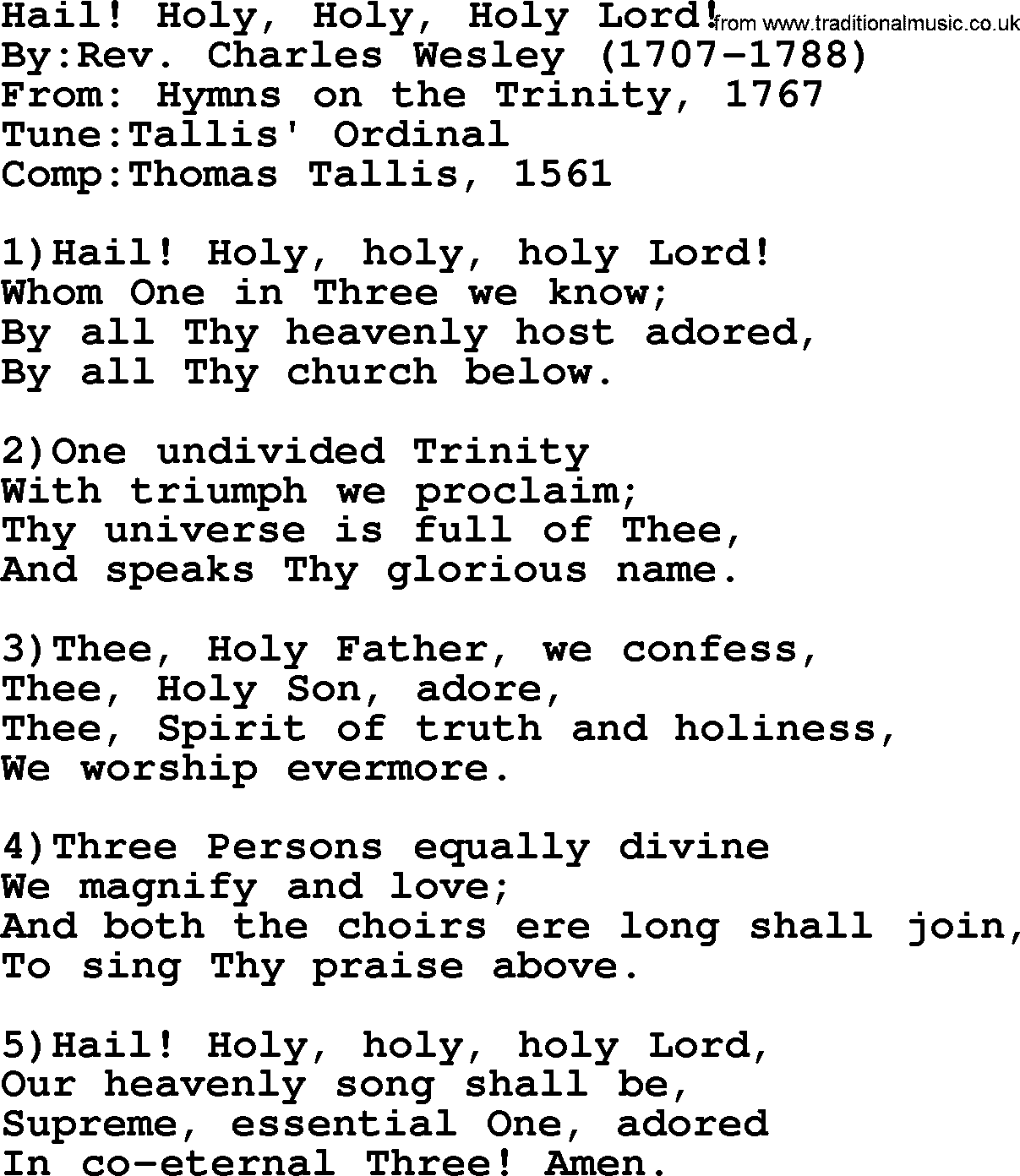 Methodist Hymn: Hail! Holy, Holy, Holy Lord!, lyrics
