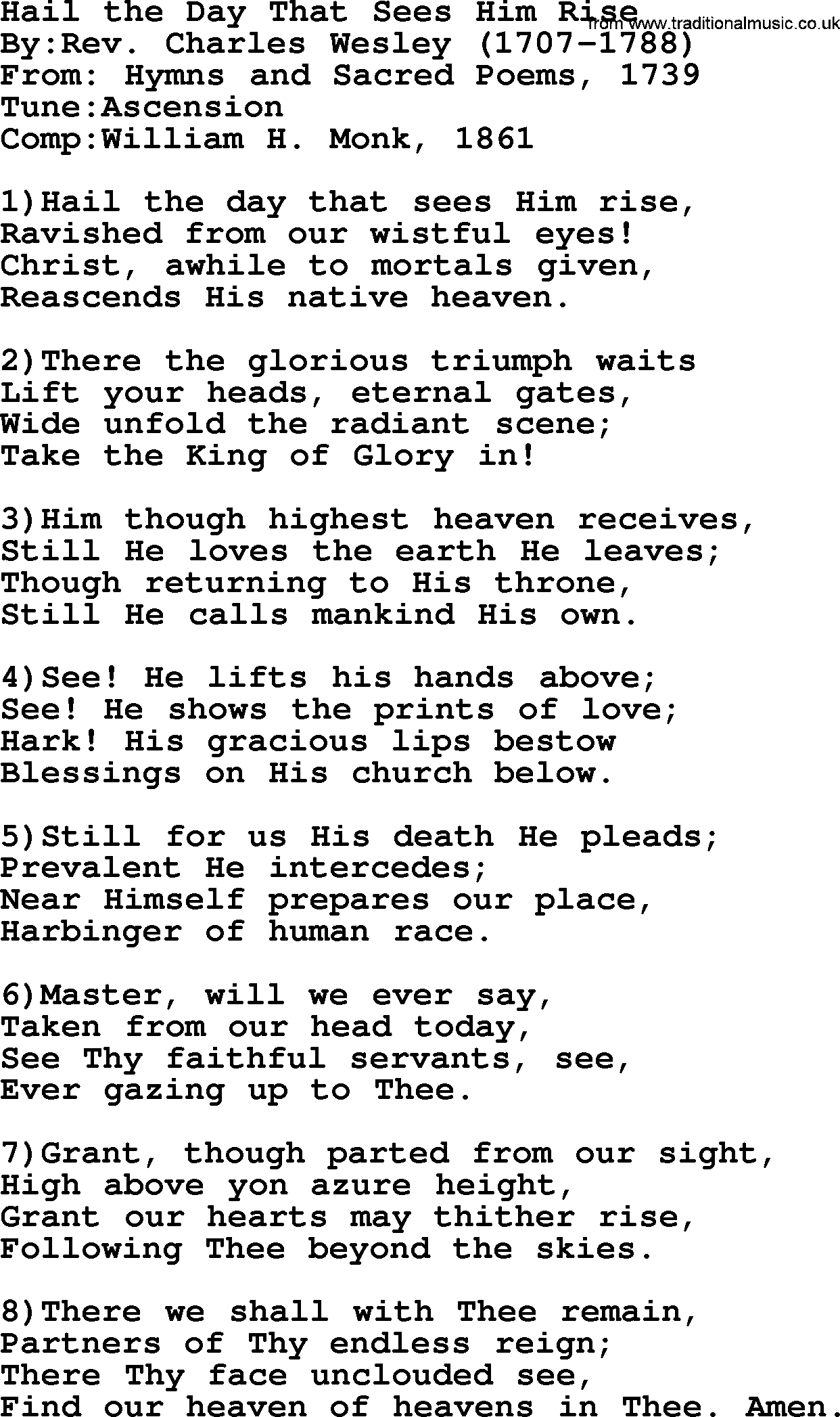 Methodist Hymn: Hail The Day That Sees Him Rise, lyrics