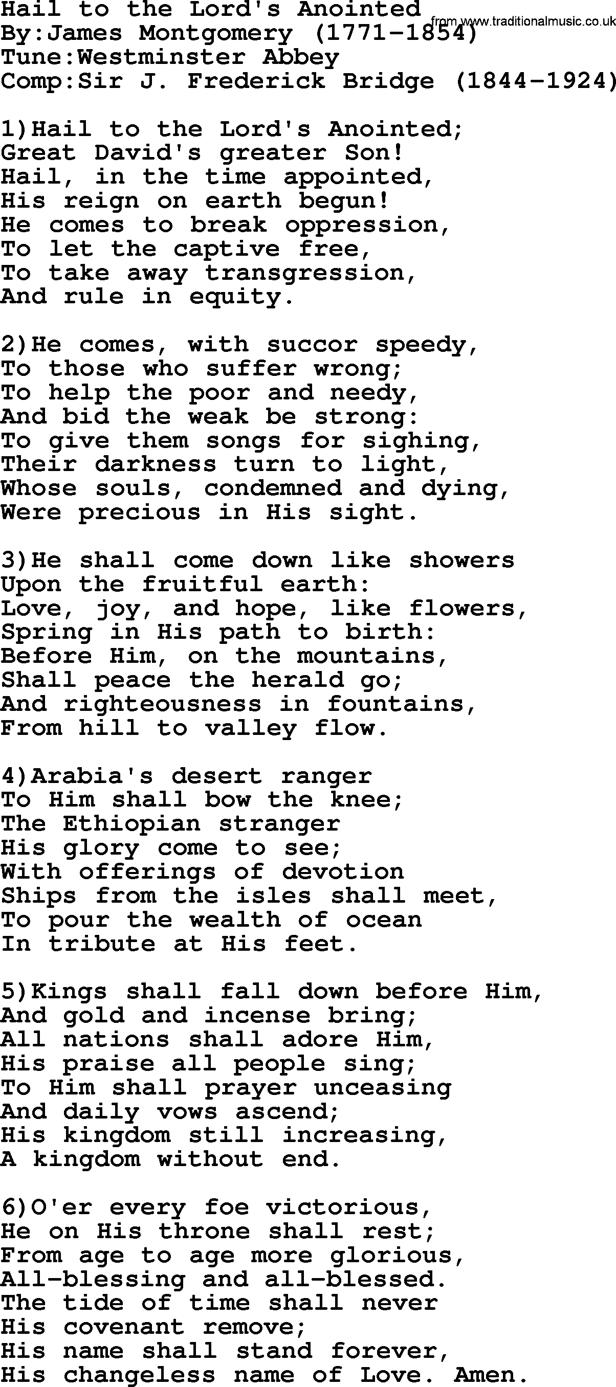 Methodist Hymn: Hail To The Lord's Anointed, lyrics